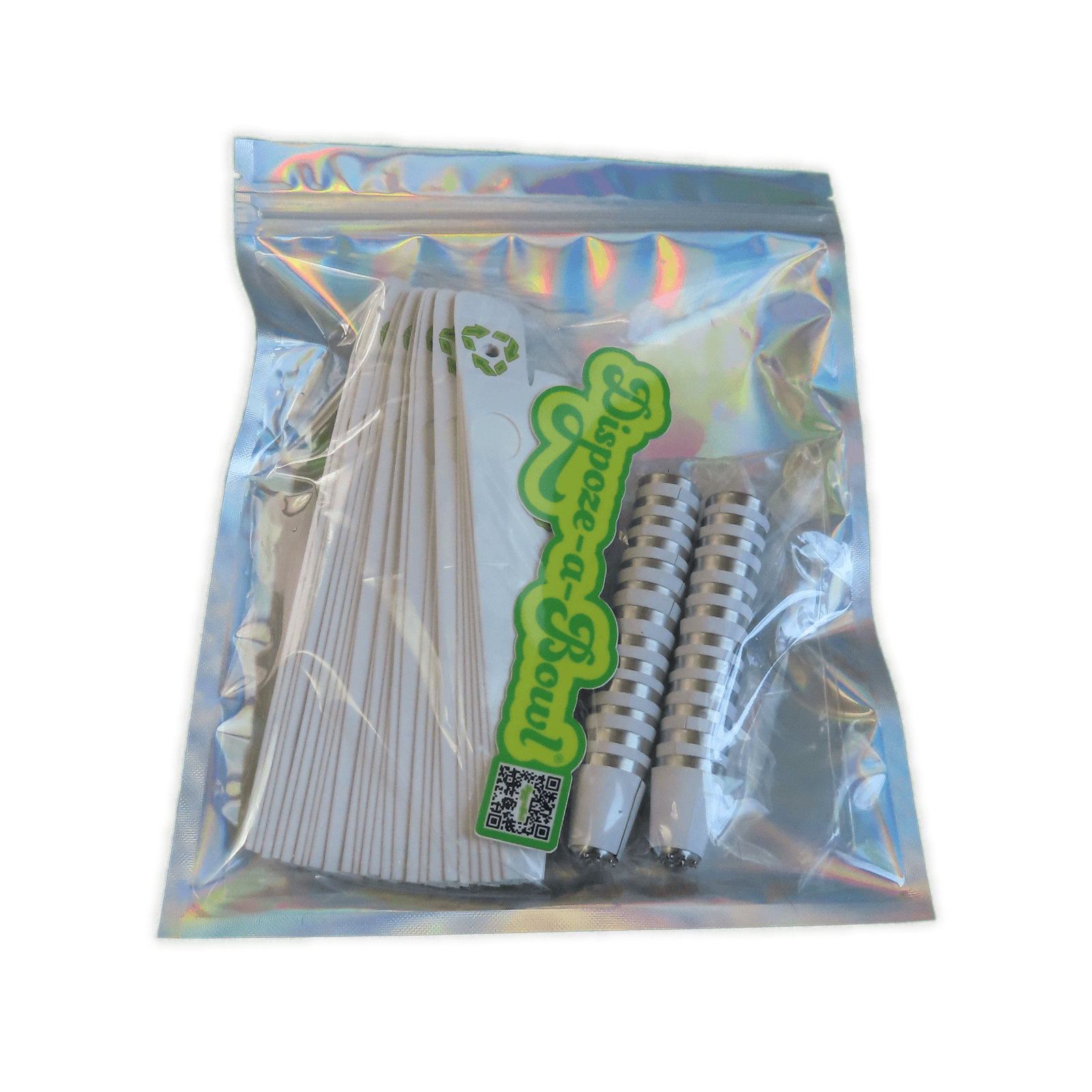 Top-down view of a holographic pouch showing the Dispoze-a-Bowl® 25 Pack: Fresh, Clean, & Convenient Smoking Pipes with Stainless Steel Bowl partially visible through clear plastic.