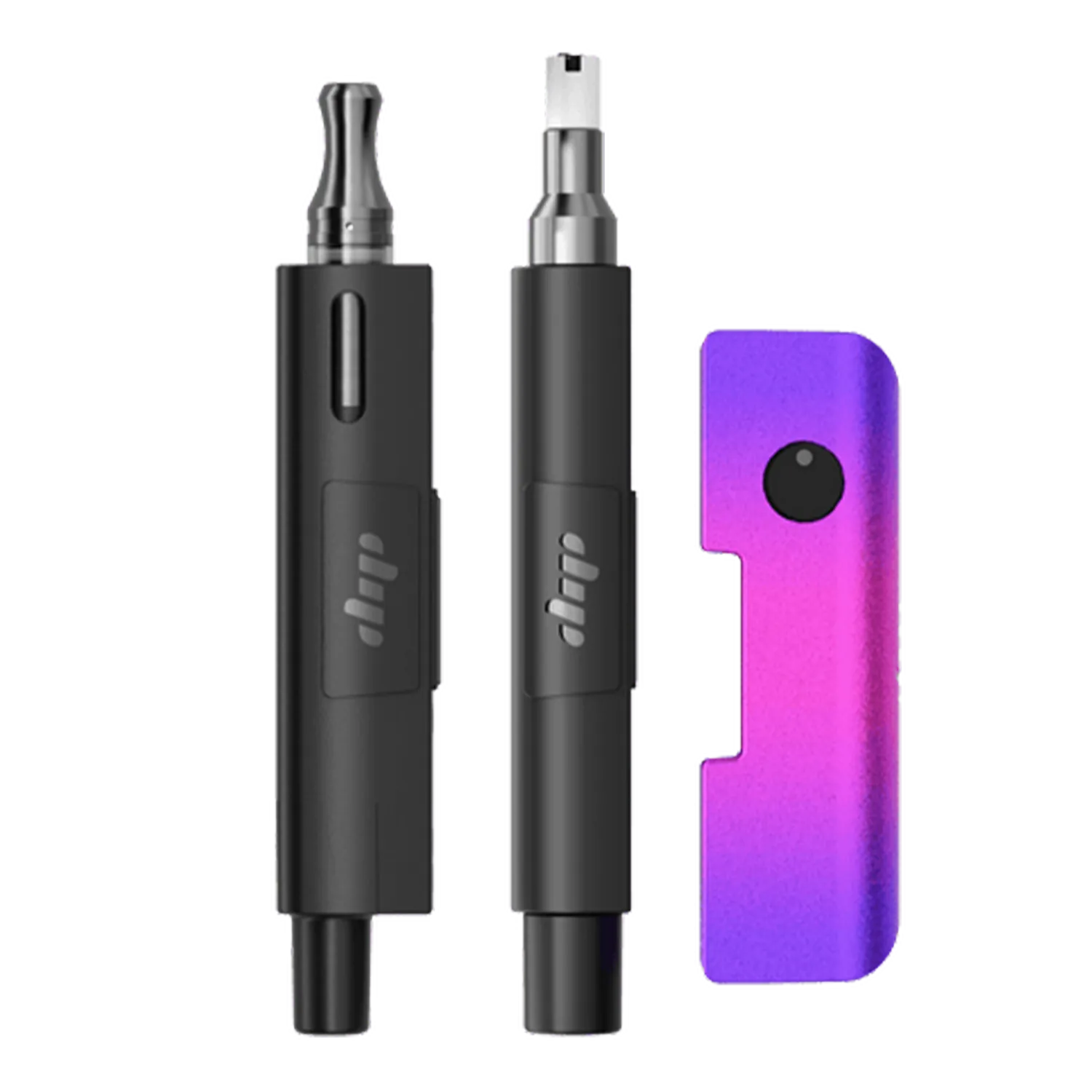 Three-quarter front view of Dip Devices Evri For 510, Flower, And Concentrates showing two black Evri cartridges beside a purple gradient Evri battery.