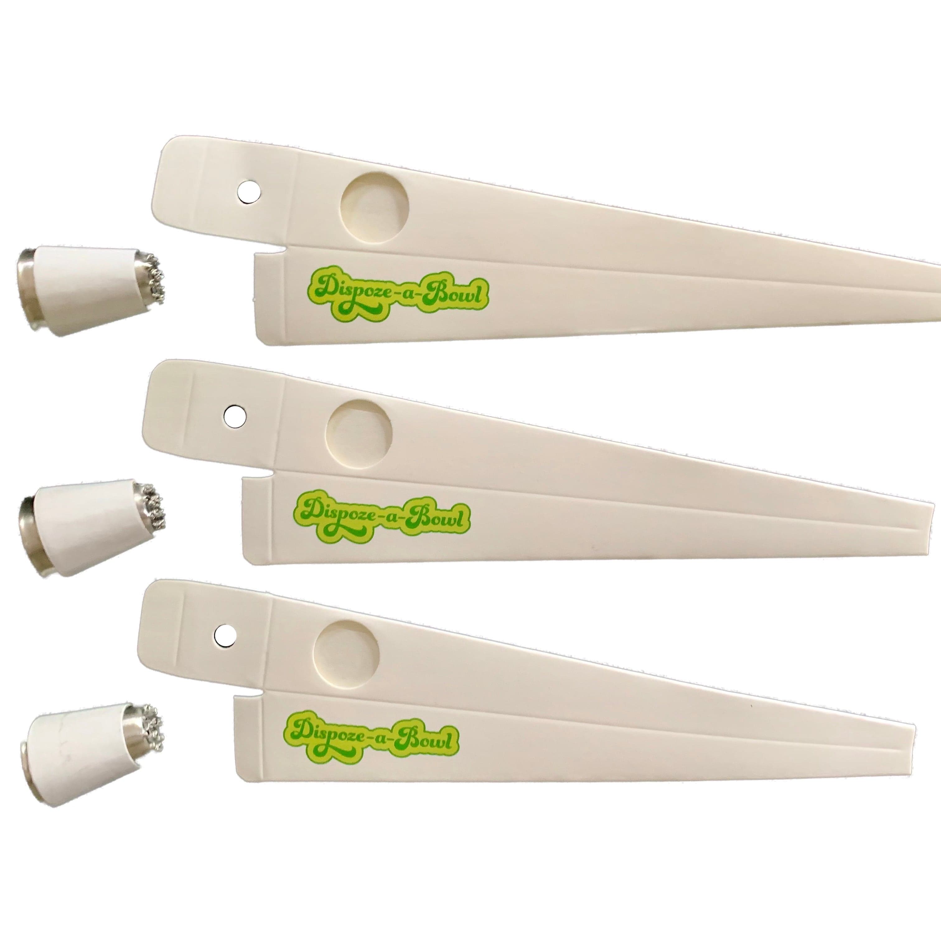 Diagonal close-up of several white plastic funnels stamped with the green Dispoze-a-Bowl® 25 Pack: Fresh, Clean, & Convenient Smoking Pipes with Stainless Steel Bowl logo and a detached metal bowl head.