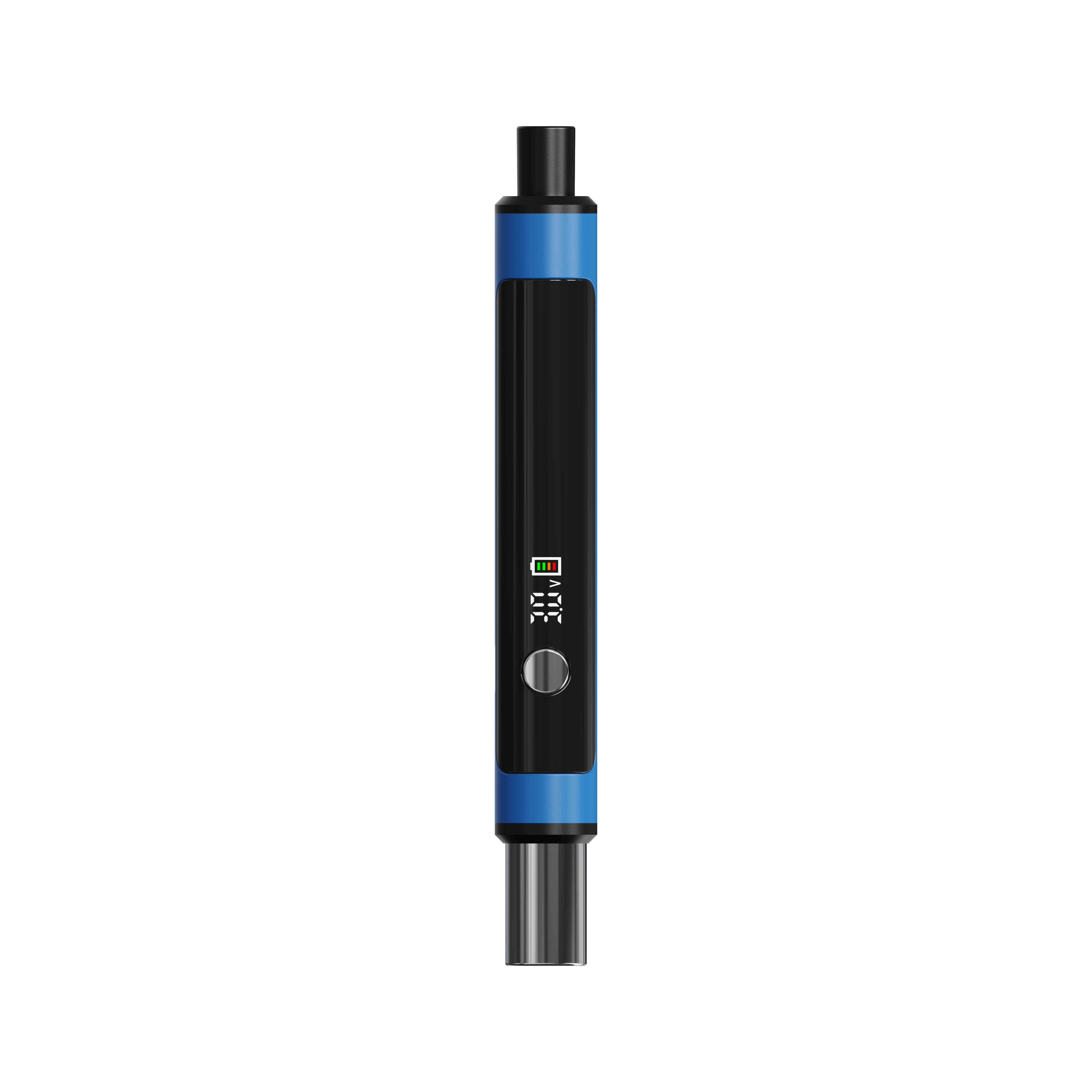 Centered vertical close-up of the Little Dipper Dab Straw Vaporizer showing its blue top, black glossy body with a round metal button and small LED display against a black background