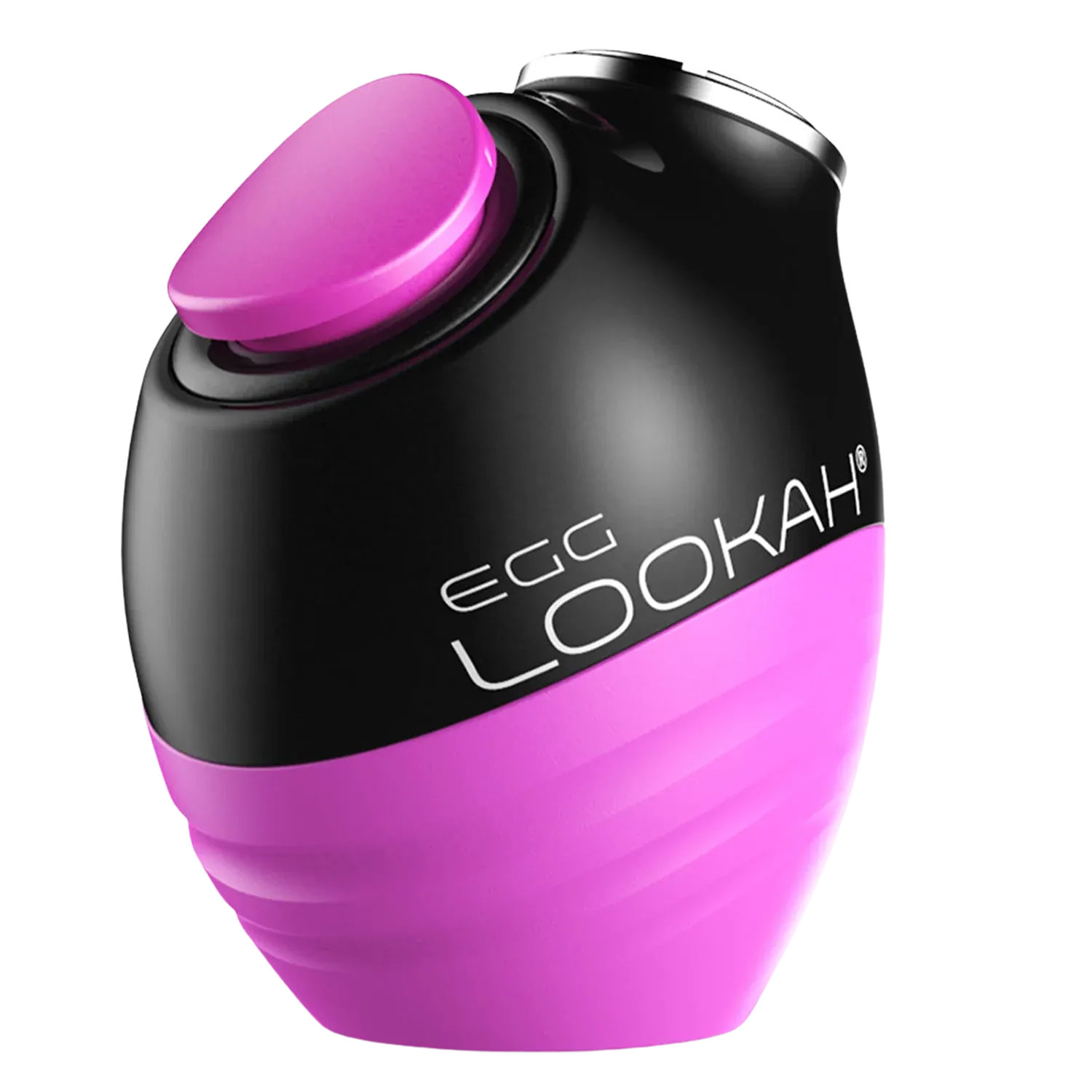 Angled close-up of the red Lookah Egg Vaporizer showing its glossy black top with a round purple button and ribbed red lower shell.