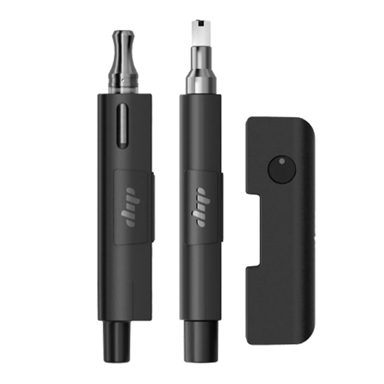 Front-facing view of three black Dip Devices Evri For 510, Flower, And Concentrates pieces—two slim pen attachments and a rectangular battery clip—on a white background