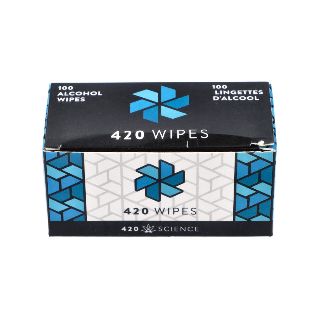 Front view of the 420 Wipes-Cleaner-100 Box, showing a blue and white package with a simple, rectangular design.