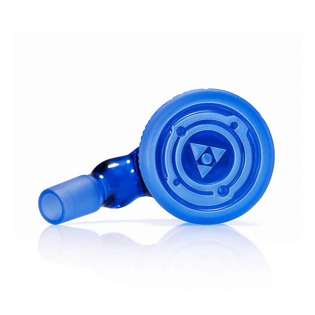 Close-up front view of the Milkyway Circuitboard Wet Ash Catcher in translucent blue showing its circular patterned top and short angled joint on a white reflective surface