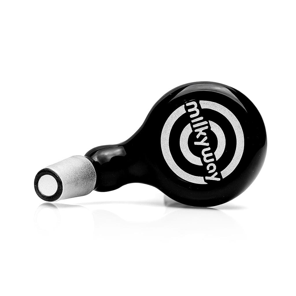Angled close-up of the black Milkyway Universe Ash Catcher showing its round body with a silver target logo and reflective white background