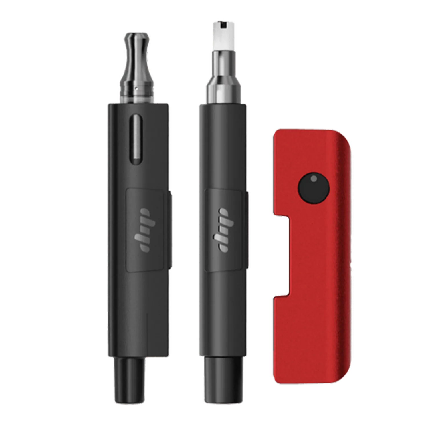 Close-up front view of two slim black pen attachments beside a red rectangular clip, showing the Dip Devices Evri For 510, Flower, And Concentrates logo and metal mouthpiece details.