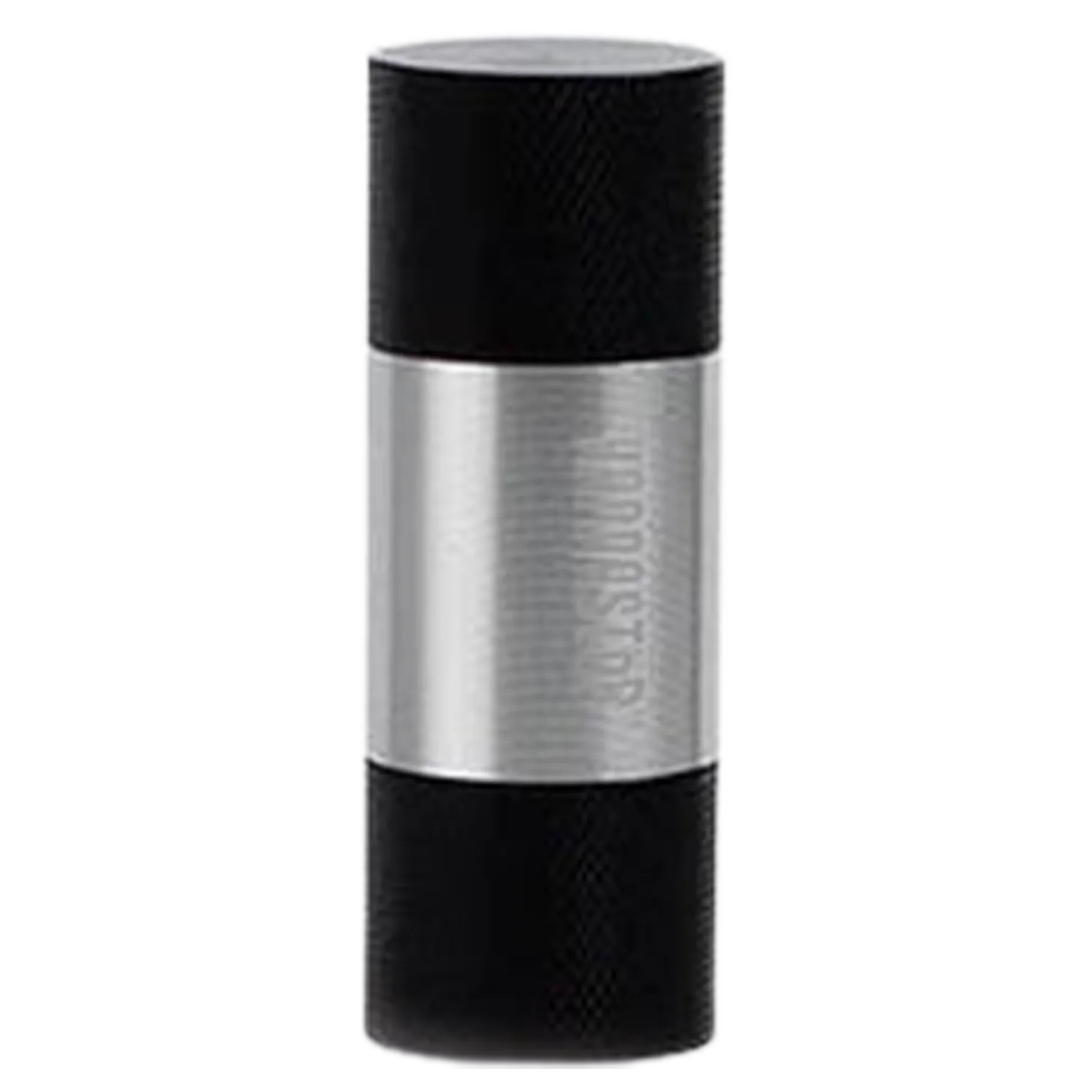 Close-up vertical shot of the RYOT 14Mm Kannastã£¶R Press showing its cylindrical black ends and brushed silver middle band.