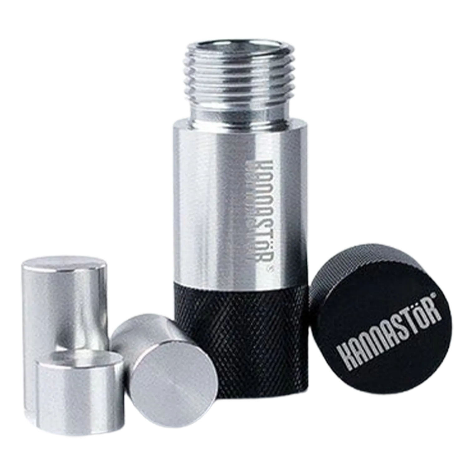 Close-up of the metallic RYOT 14Mm Kannastã£¶R Press standing upright with knurled black base and scattered silver capsules on a white background