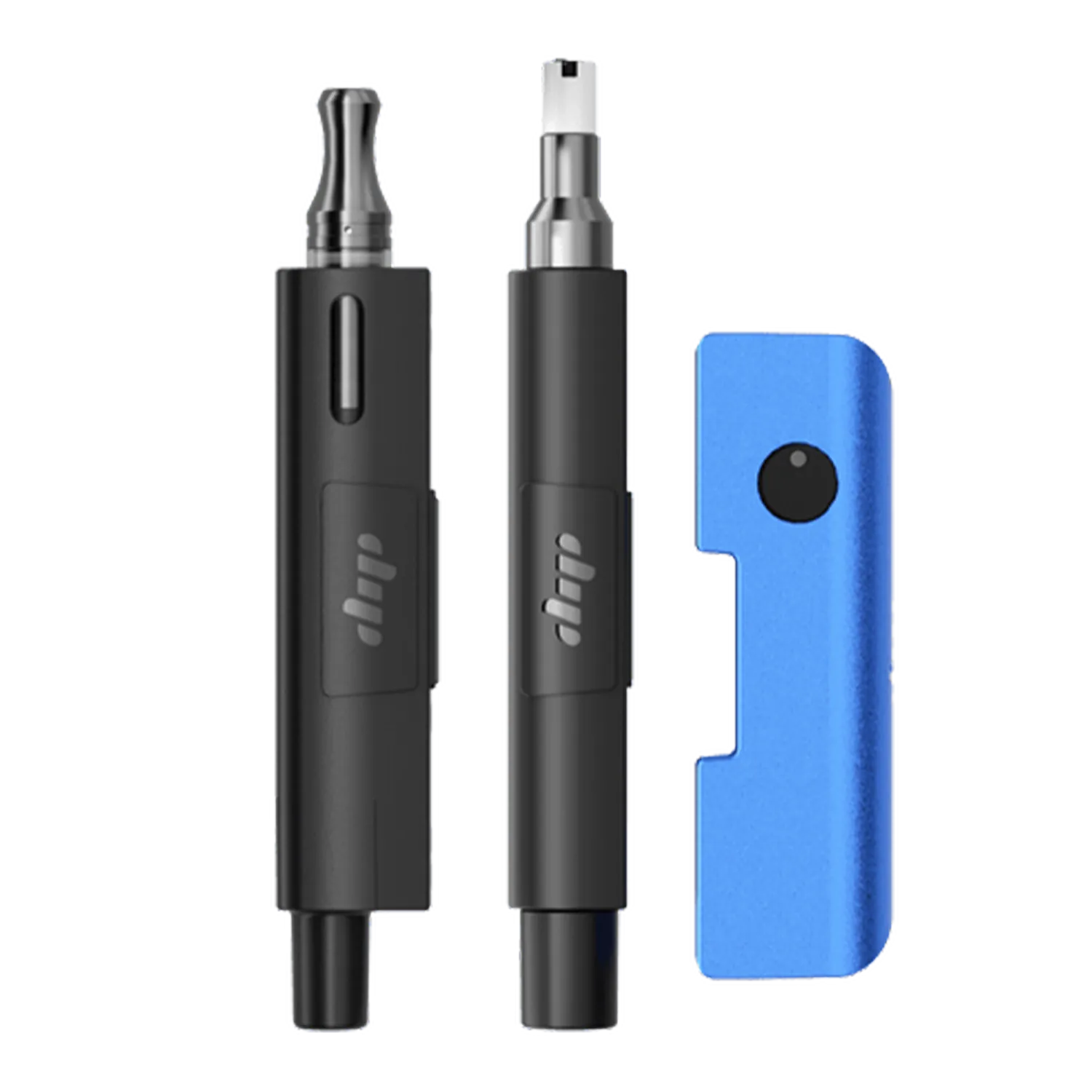 Front-facing close-up of the Dip Devices Evri For 510, Flower, And Concentrates showing two slim black Evri 510 attachments beside a blue Evri battery adapter.