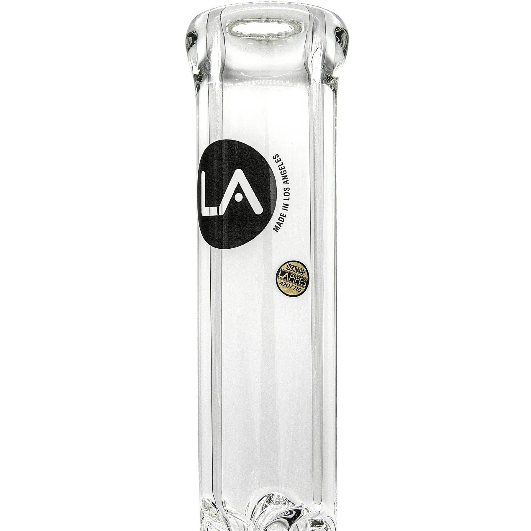 Close-up front view of the clear "Iron Mace" Heavy 9mm Bubble Bong showing its cylindrical neck, black LA logo and gold sticker on a white background.