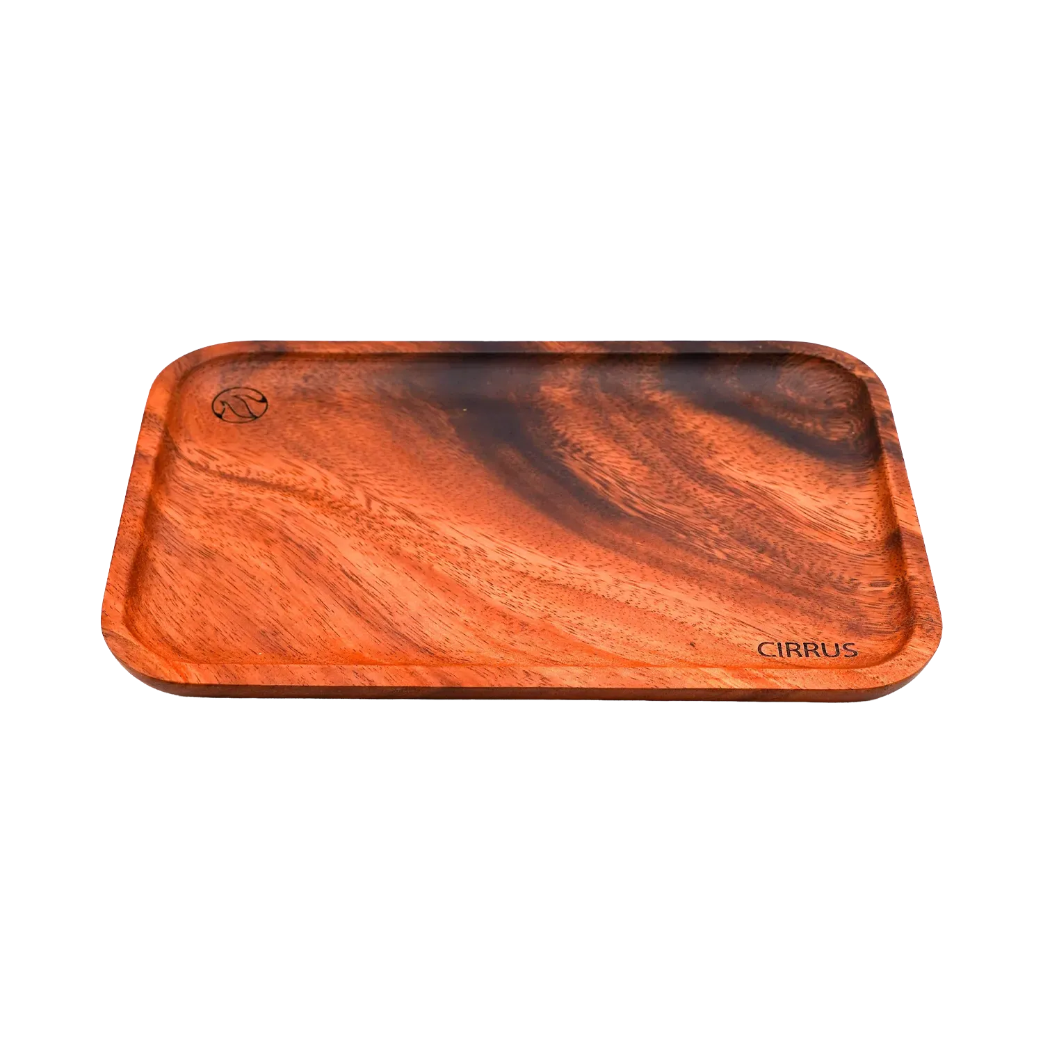Top-down view of the Cirrus Tray wooden serving tray with warm reddish grain, rounded corners, and a small logo in the corner.