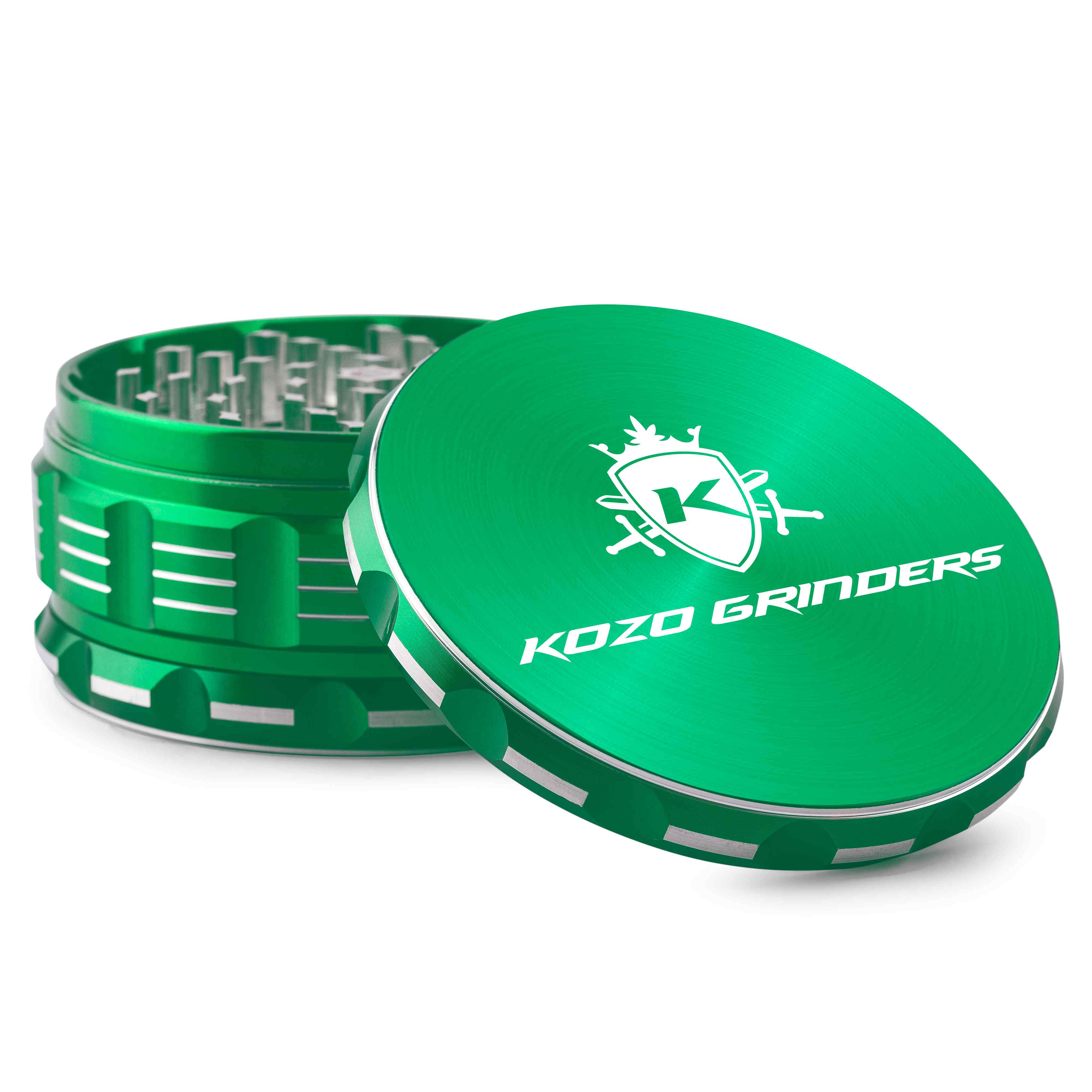 Close-up angled view of the green Kozo Grinder 4" showing the ridged outer edge and interior teeth.