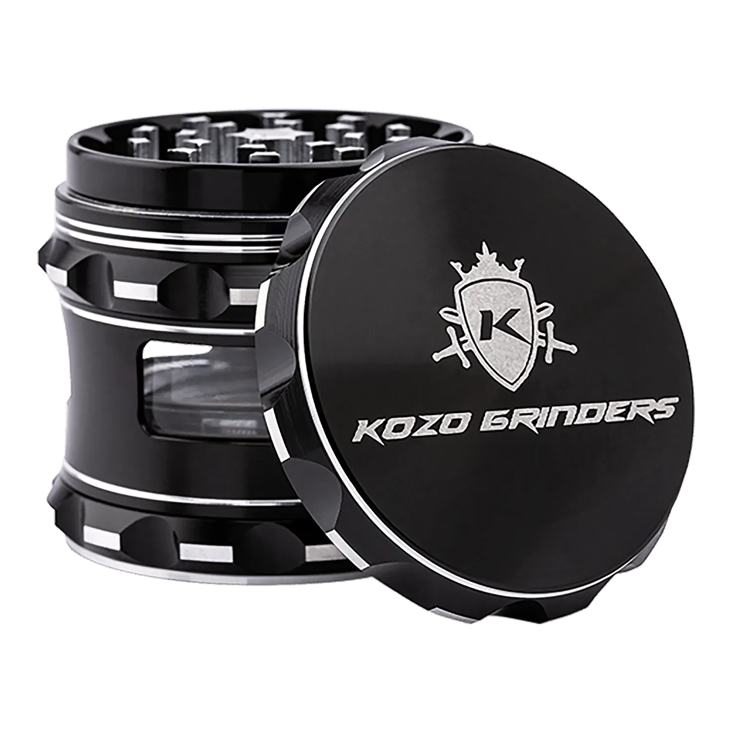 Angled close-up of the Kozo Window 2.5" Grinder showing its black lid with logo and stacked chamber ridges.