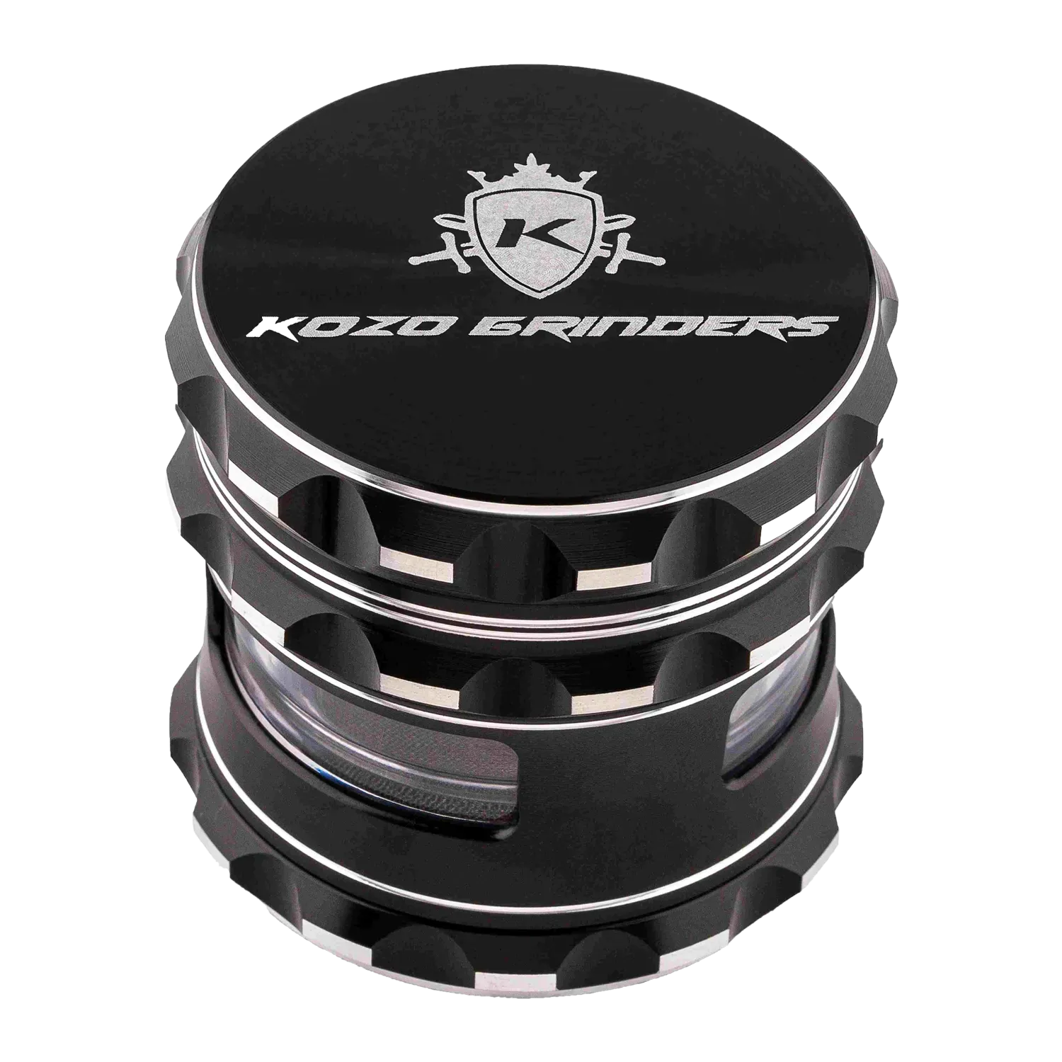 Top-down close-up of the Kozo Window 2.5" Grinder showing its black lid with silver logo and textured, multi-tiered metal body.