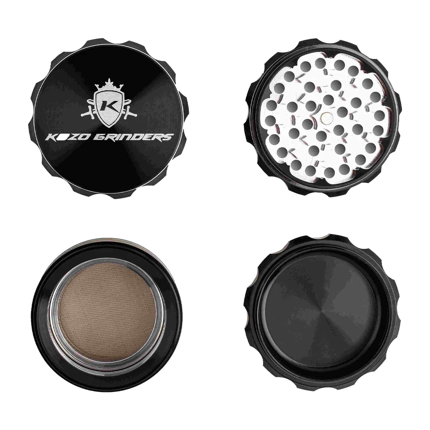 Top-down view of the Kozo Window 2.5" Grinder showing its rose-gold logoed lid, perforated grinding plate, mesh screen chamber, and solid base.