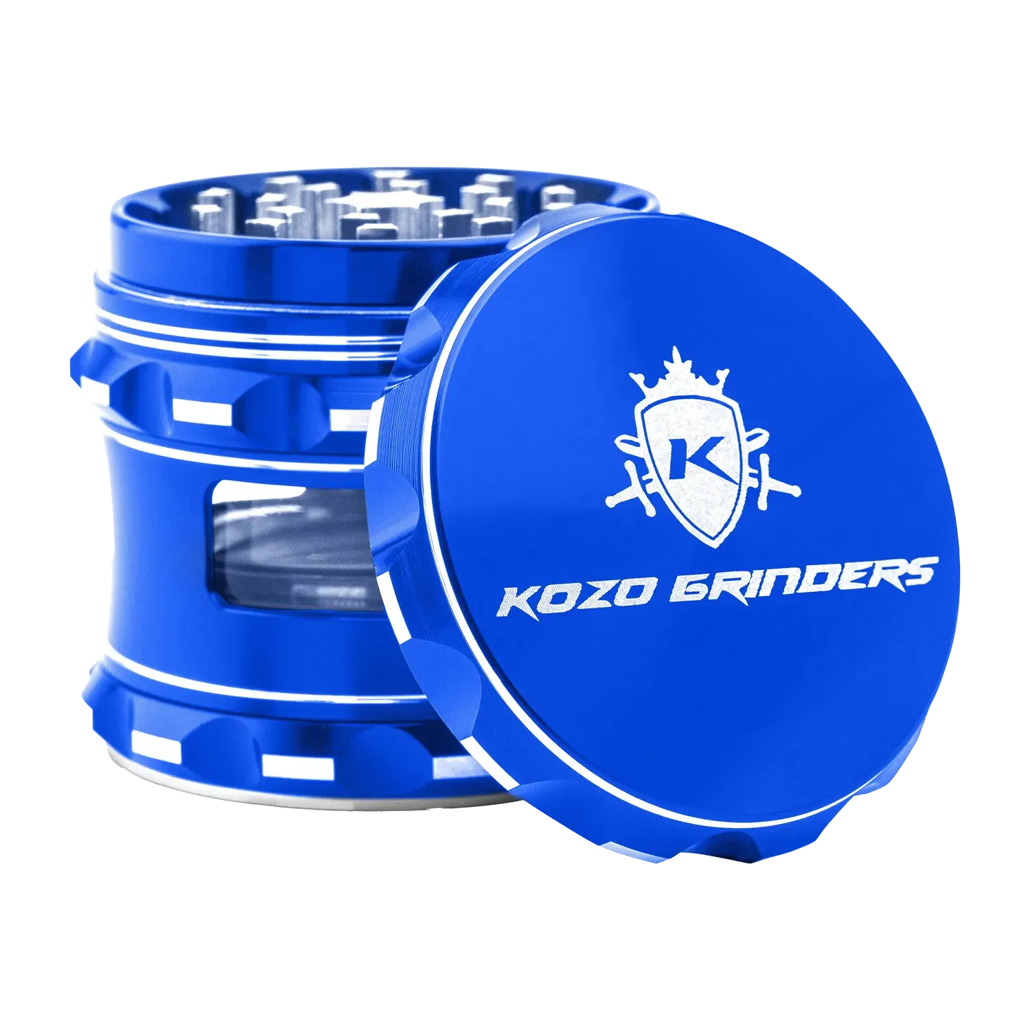 Close-up three-quarter view of a bright blue Kozo Window 2.5" Grinder with its lid propped to reveal internal teeth and a clear window on the side.