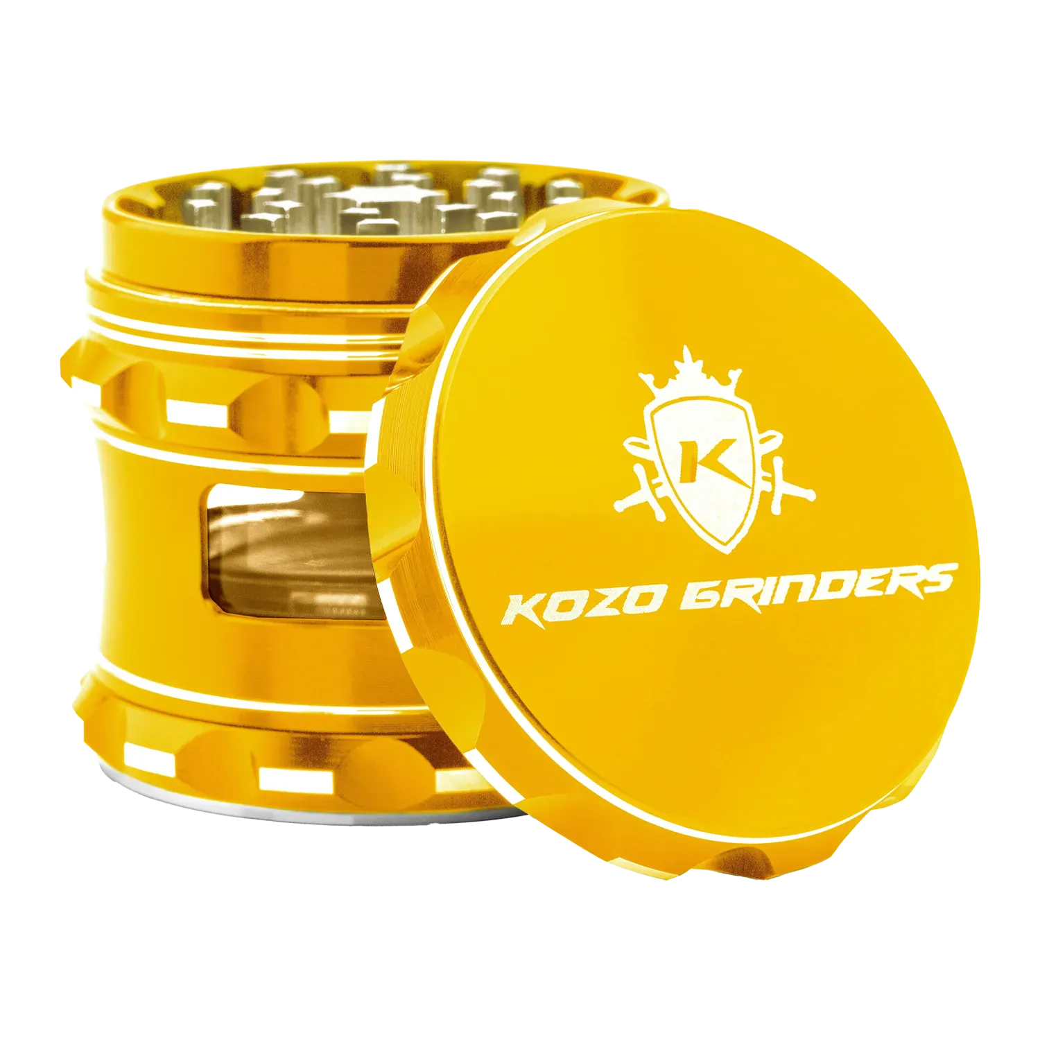 Angled close-up of a metallic green Kozo Window 2.5" Grinder showing the top lid with logo and exposed tooth-lined chamber.