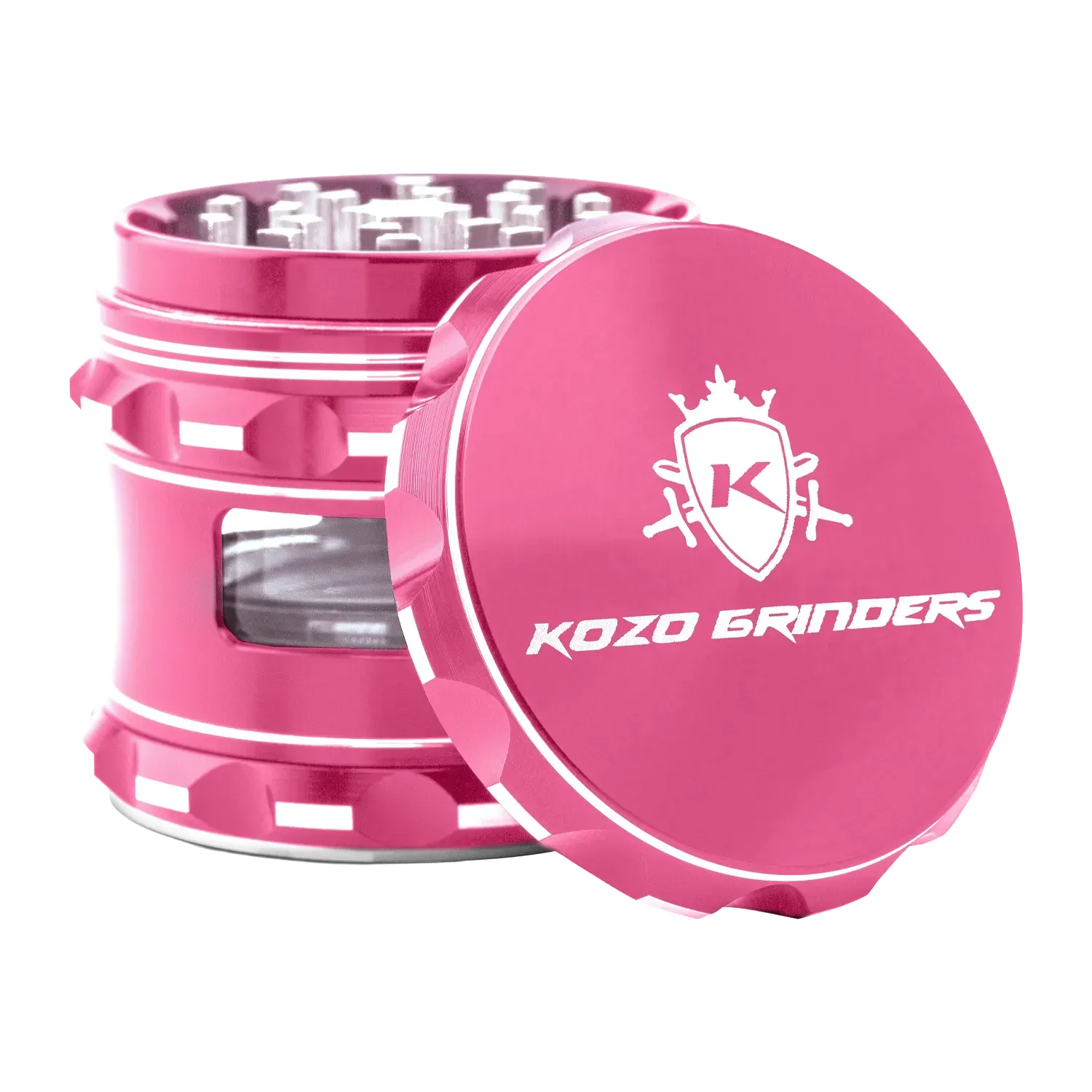 Angled close-up of a bright pink Kozo Window 2.5" Grinder with its lid offset to show textured grip edges and inner teeth.