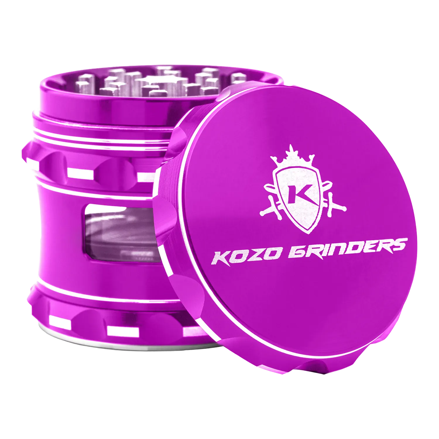 Angled close-up of a metallic magenta Kozo Window 2.5" Grinder showing the knurled lid with logo and exposed teeth inside.