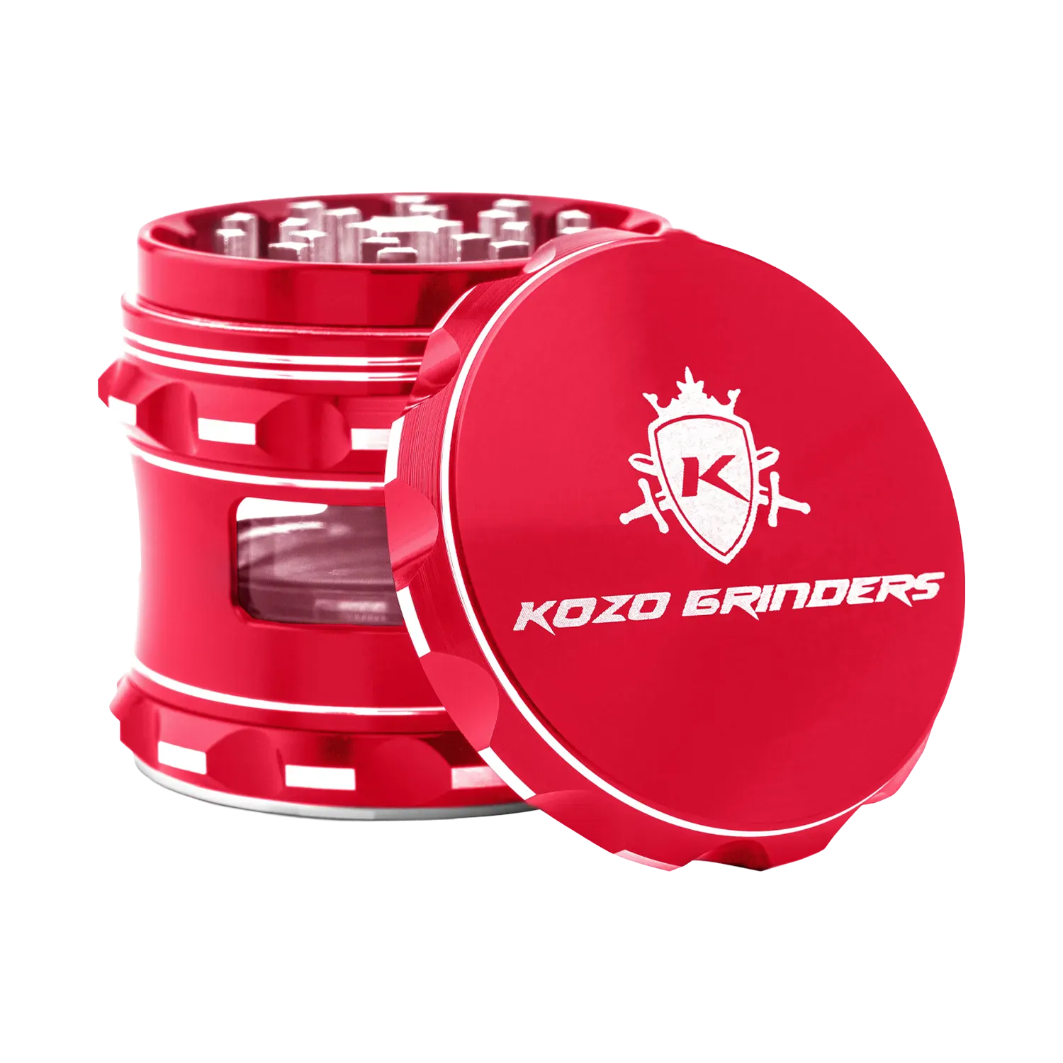 Angled close-up of a red Kozo Window 2.5" Grinder with its lid tilted forward, showing textured teeth and a clear window in the middle section