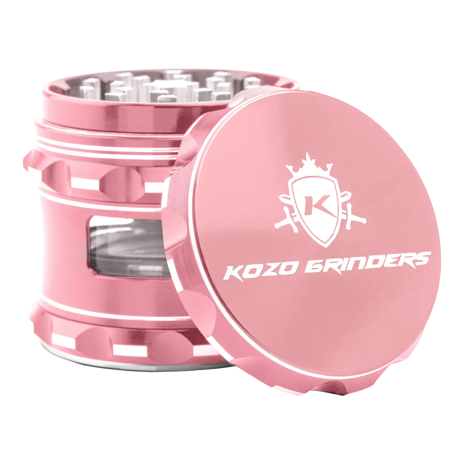Angled close-up of the purple Kozo Window 2.5" Grinder showing its detached top with logo and exposed tooth-lined chamber behind.
