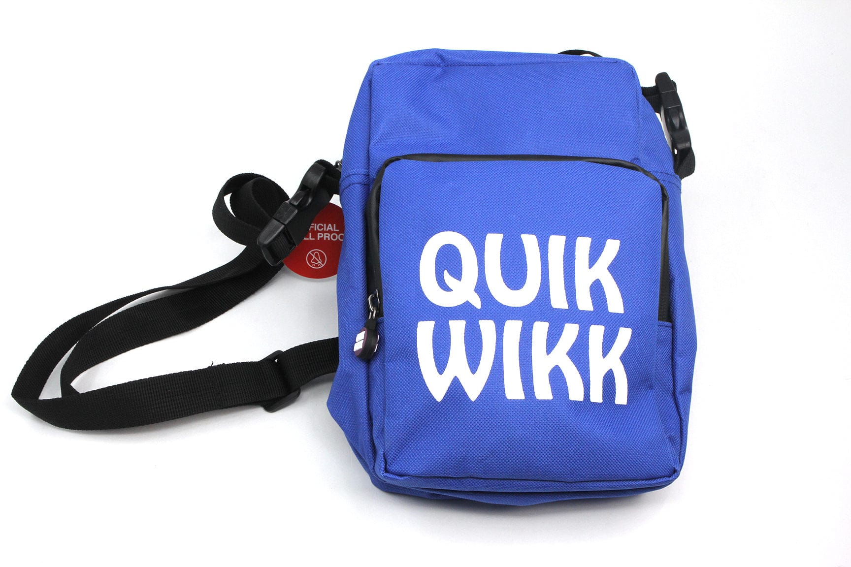 Top-down view of a bright blue Quik Wikk Shoulder Cross Body Bag with bold white lettering, a black adjustable strap and zipper detail.