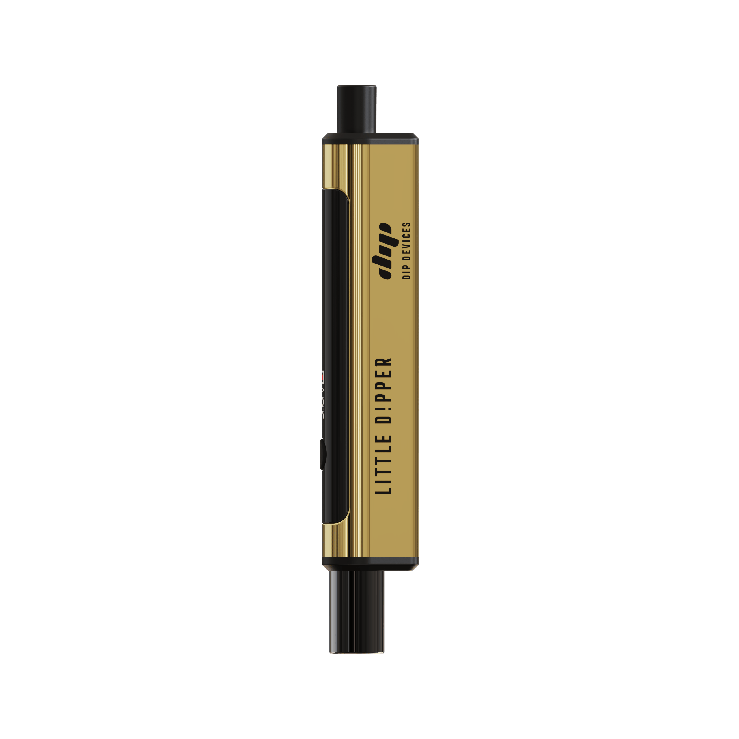 Vertical close-up of the gold Little Dipper Dab Straw Vaporizer showing its black mouthpiece and reflective metallic body against a black background