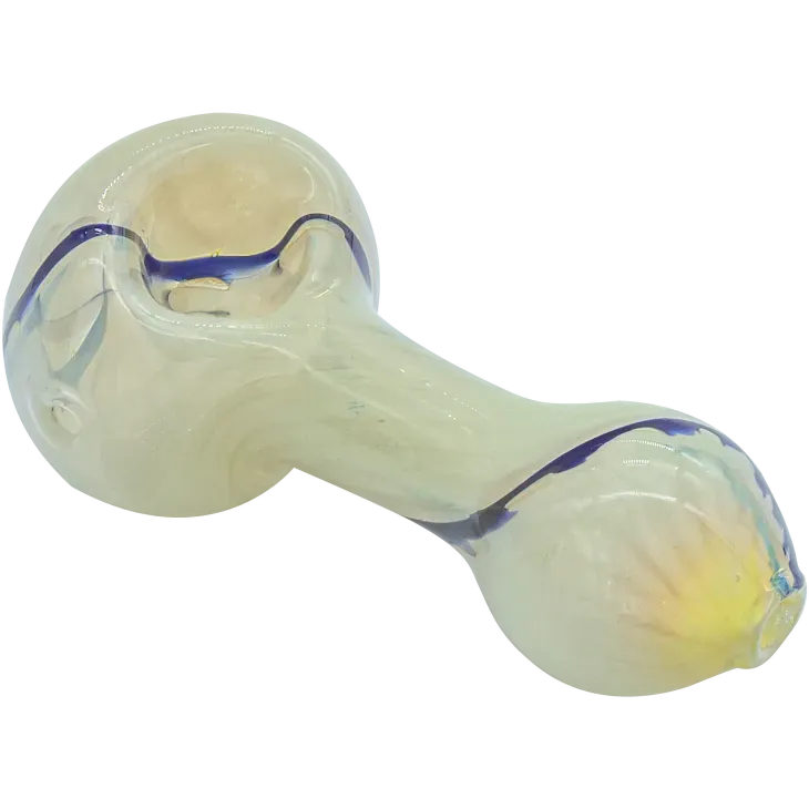 Angled close-up of the "Bones" White Color Spoon Pipe (Copy) showing its pale swirled glass body with a blue rim accent and rounded bowl.