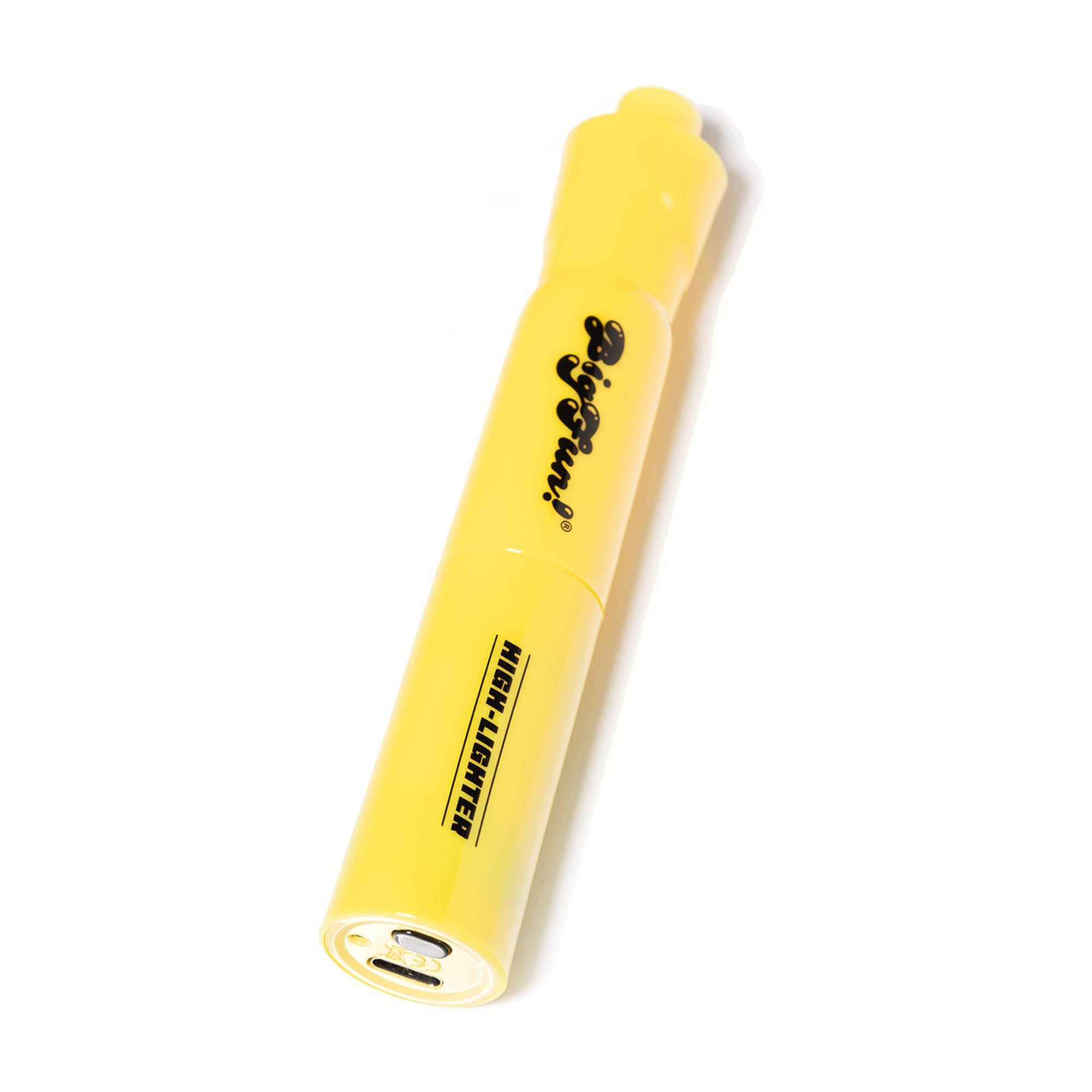 Angled close-up of the yellow BIGFUN! High-Lighter Vaporizer on a white background, showing its rounded cap, logo and charging port.