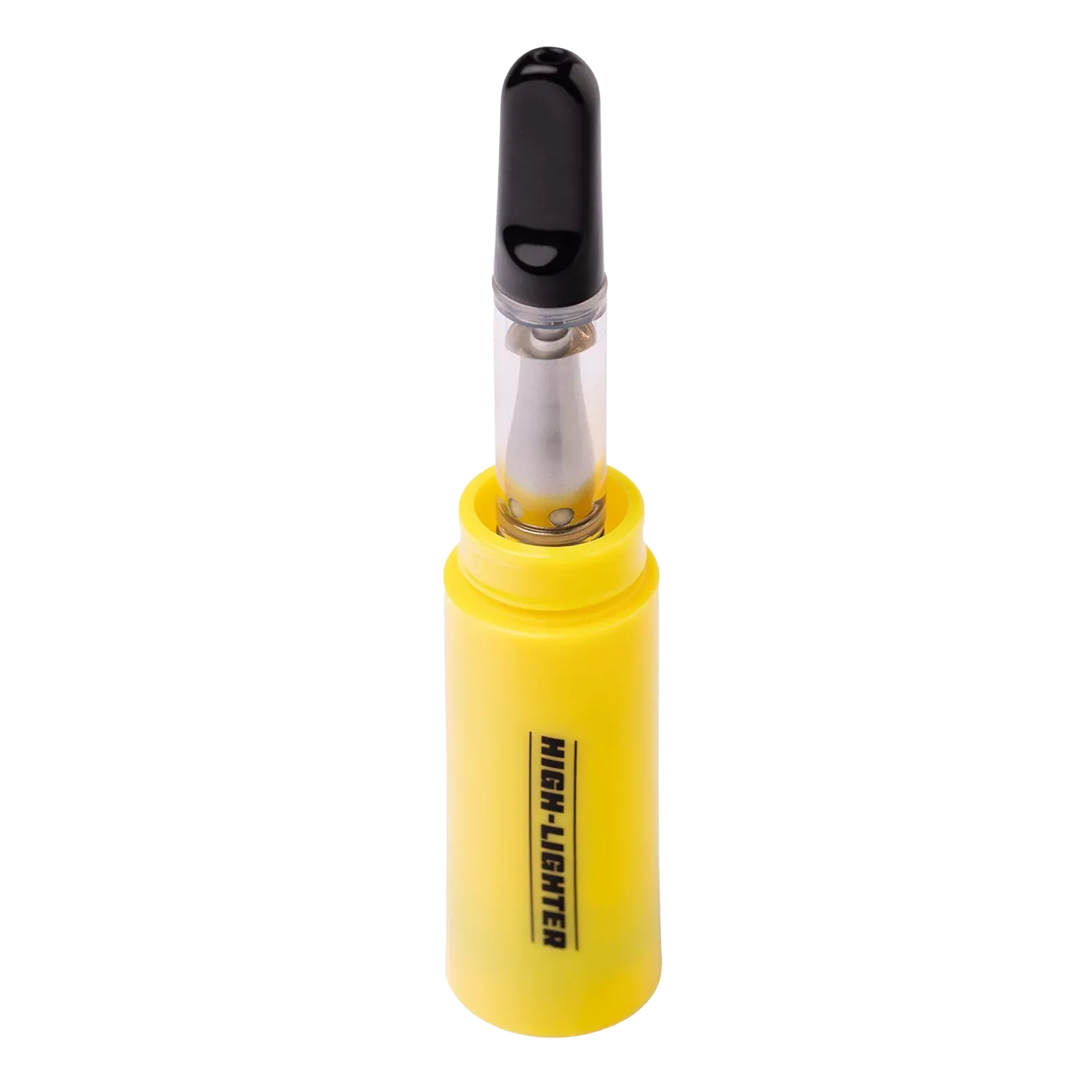 Top-down close-up of the yellow BIGFUN! High-Lighter Vaporizer showing its exposed metal chamber and black cap against a white background