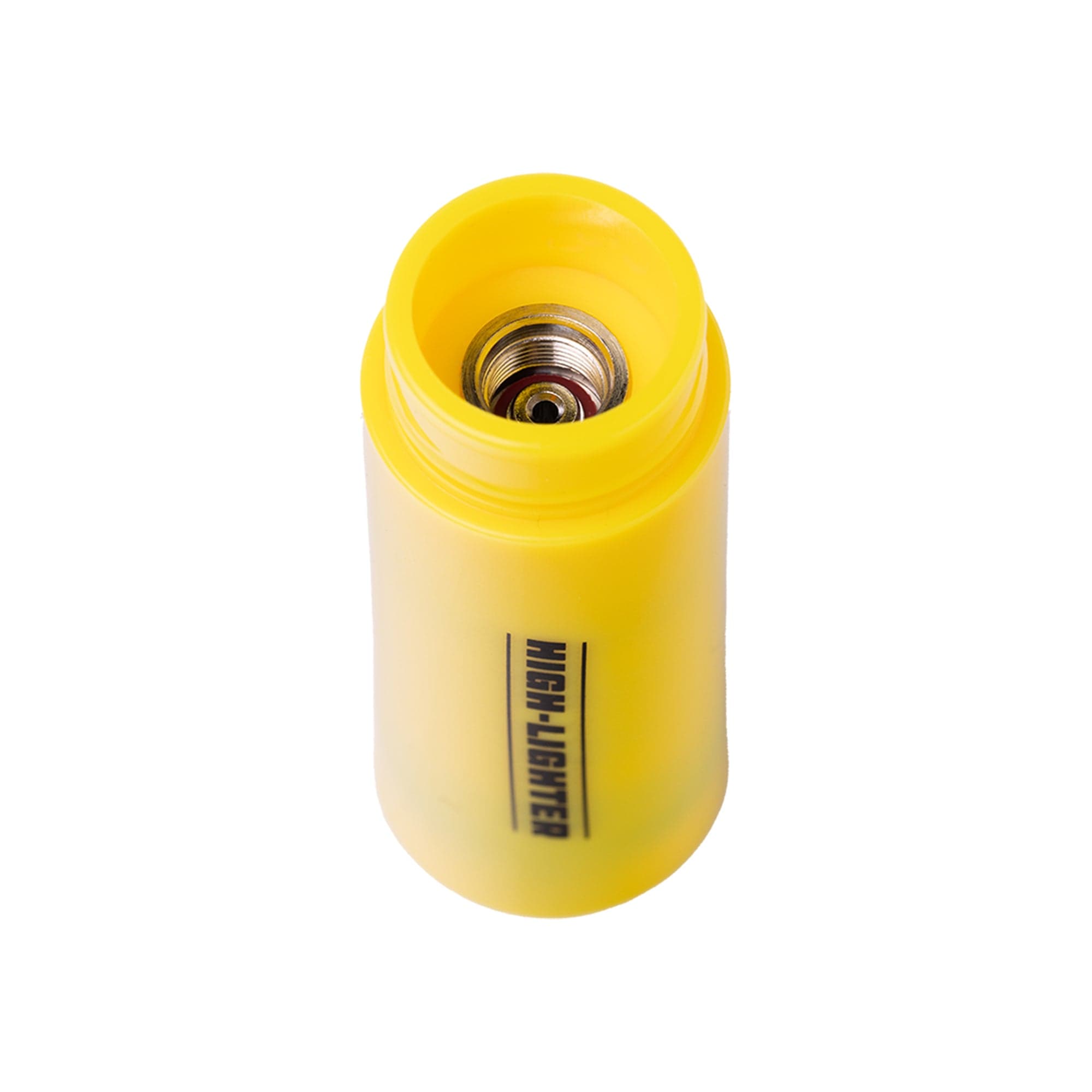 Top-down close-up of the yellow opening and metal connector of the BIGFUN! High-Lighter Vaporizer.
