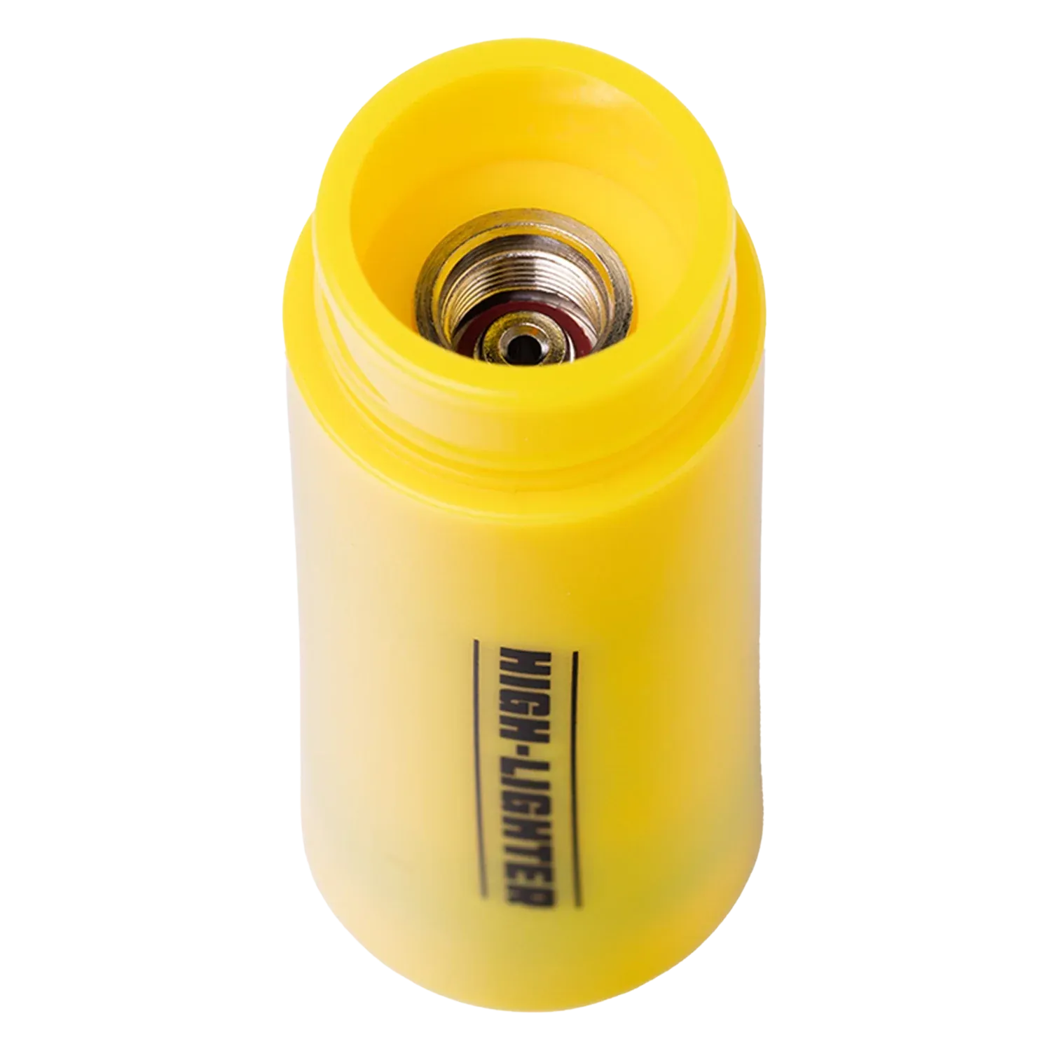 Top-down close-up of the yellow BIGFUN! High-Lighter Vaporizer showing its threaded metal connection inside the open cylindrical body.