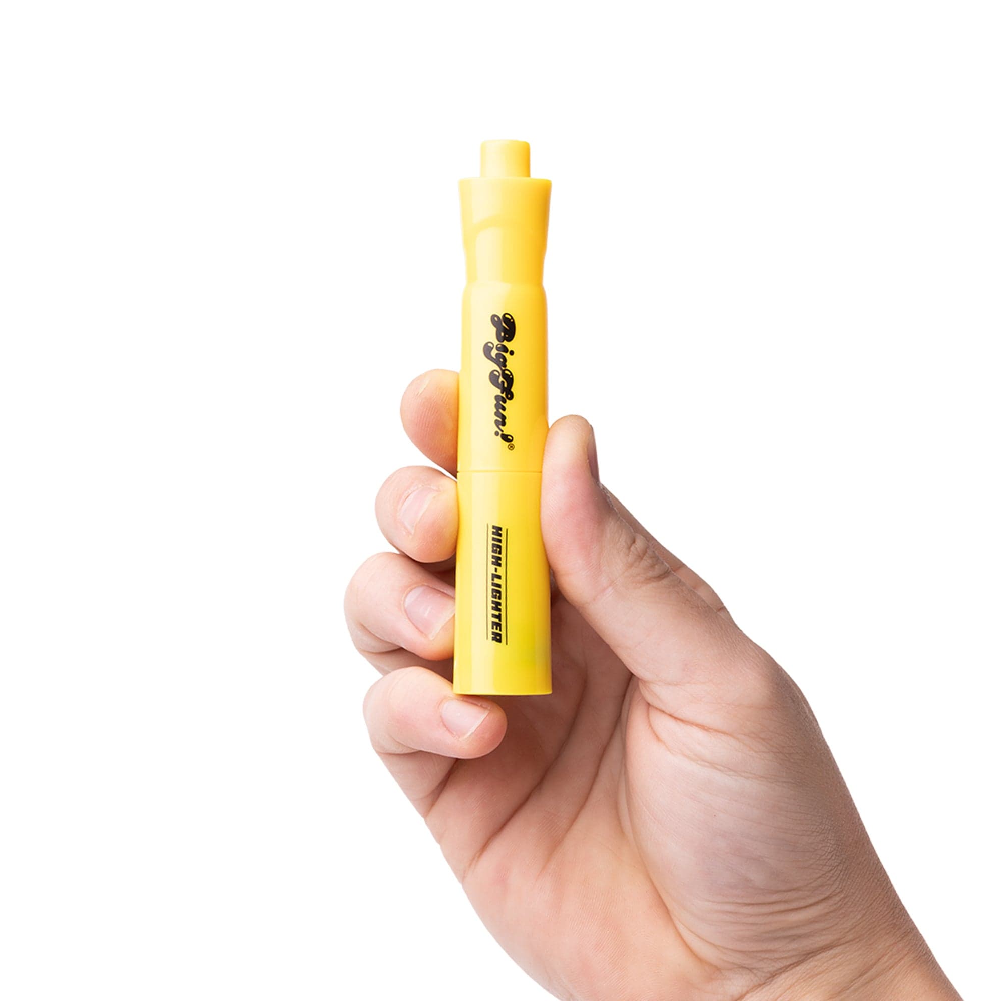 Close-up of a hand holding a yellow BIGFUN! High-Lighter Vaporizer upright against a white background.