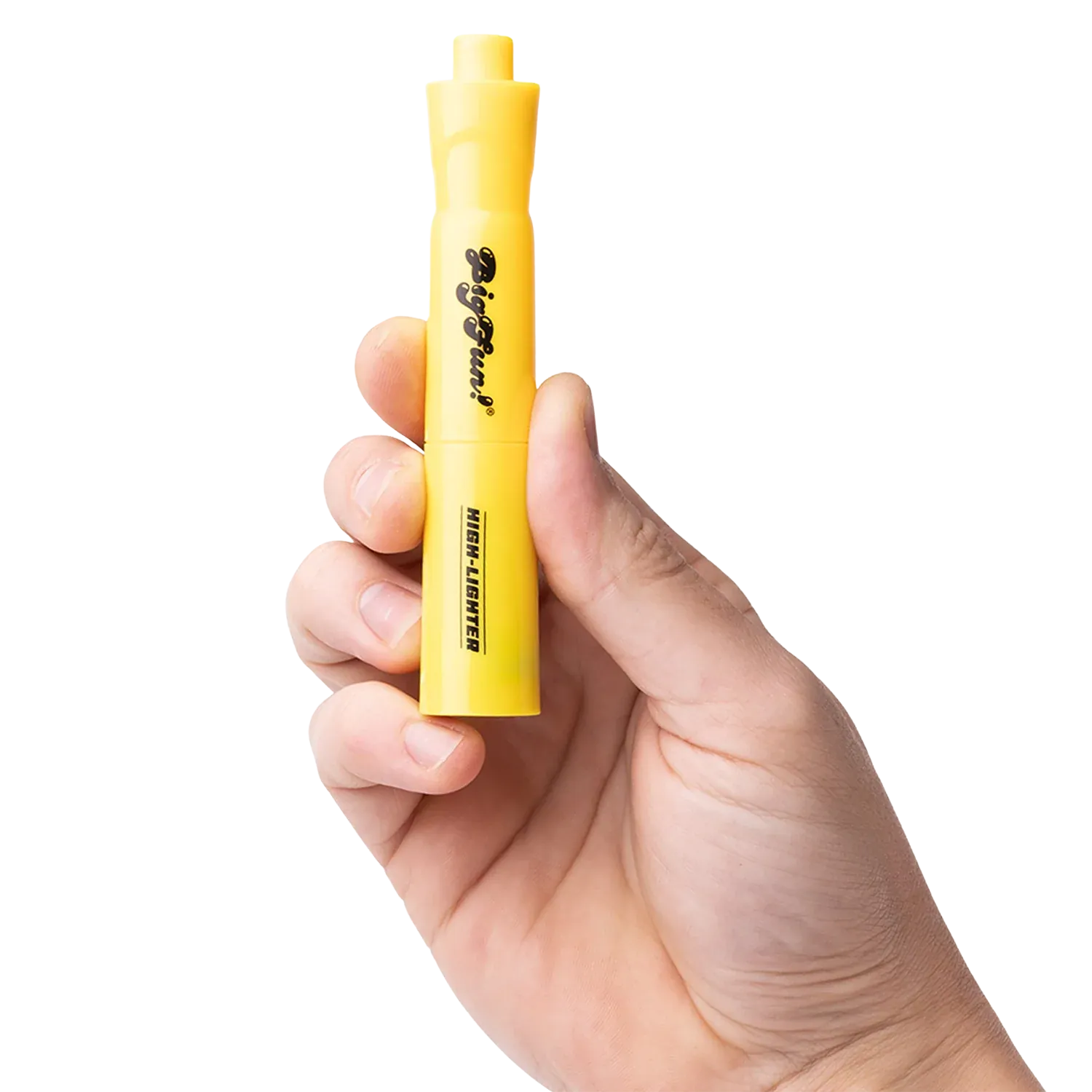 Handheld close-up of a yellow BIGFUN! High-Lighter Vaporizer held between thumb and forefinger against a white background