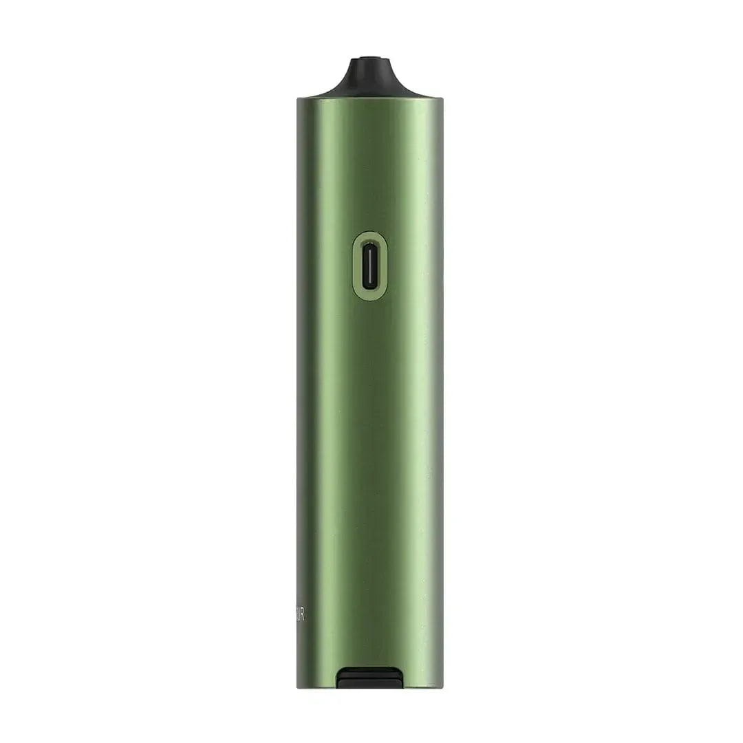 Centered front view of a green Pax Four Vaporizer, standing upright against a white background showing its rounded mouthpiece and single oval button.