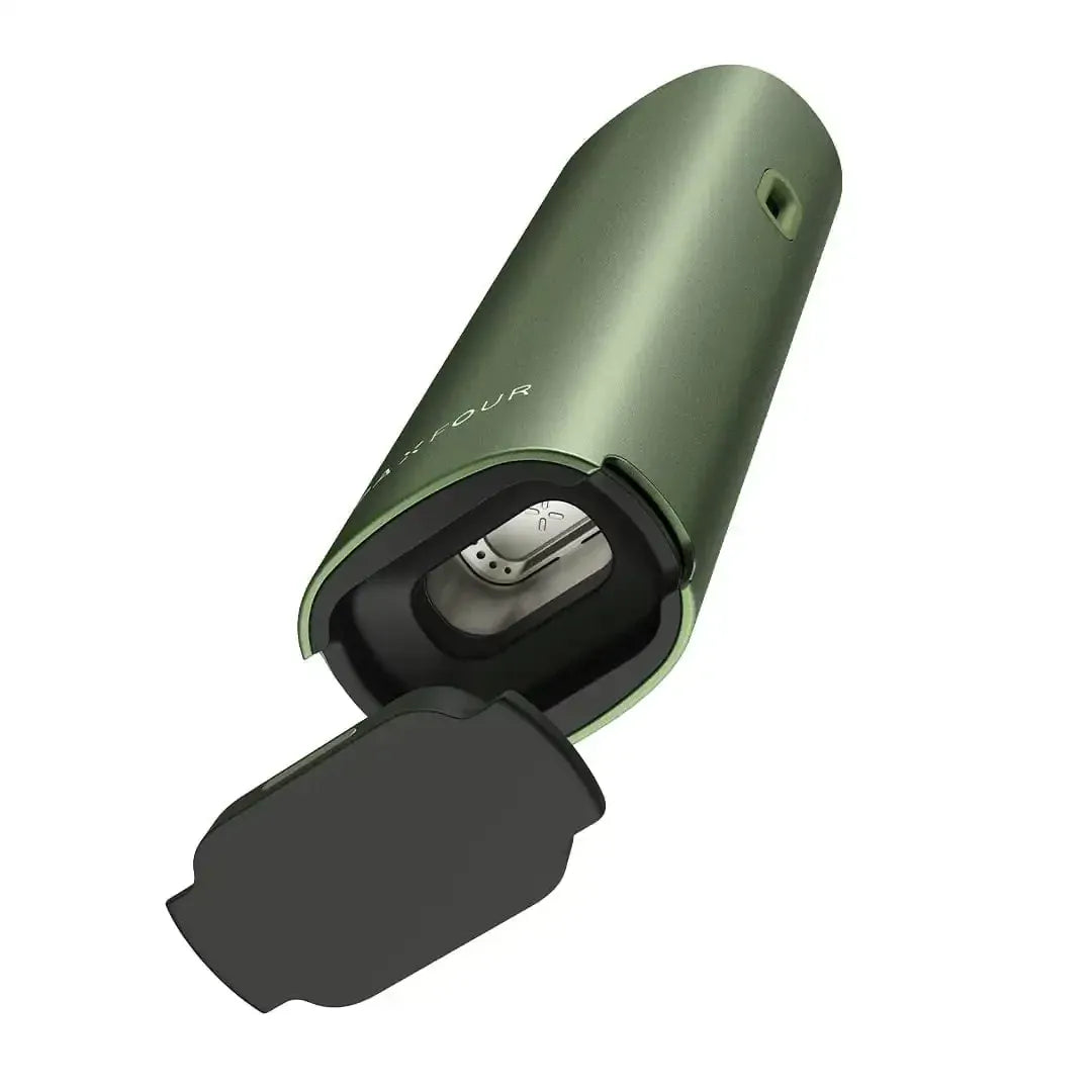 Angled close-up of the olive-green Pax Four vaporizer with its magnetic mouthpiece removed, showing the inner chamber and smooth metallic finish