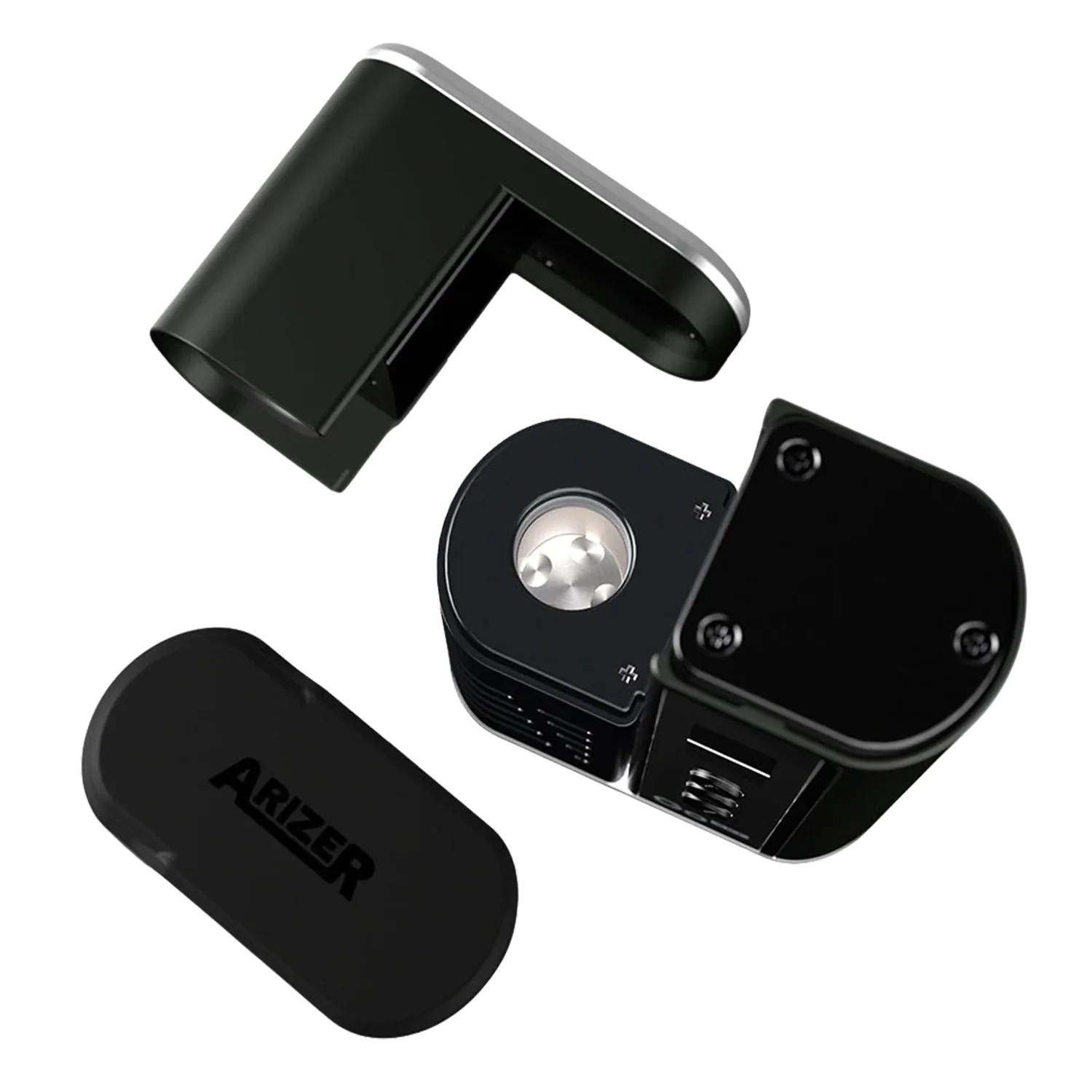 Angled top-down view of the black Arizer Go SRT Vaporizer showing its open chamber, removable mouthpiece, and branded lid on a white background
