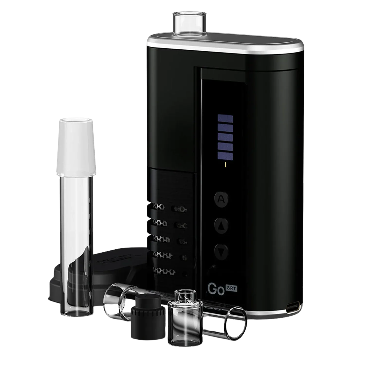 Three-quarter view of the black Arizer Go SRT Vaporizer standing with its glass mouthpiece and several clear accessories arranged at its base.