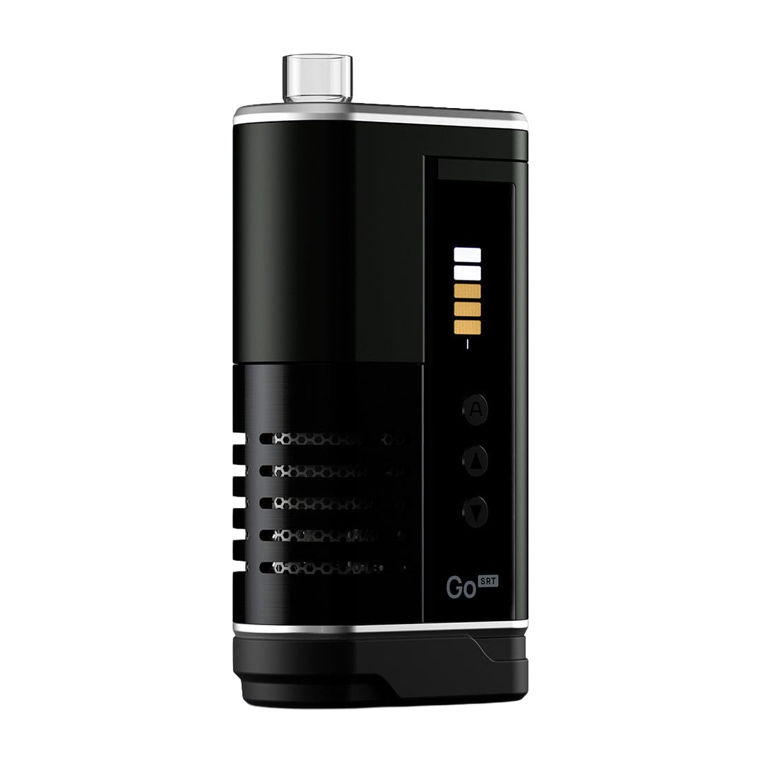 Right-side view of the black Arizer Go SRT Vaporizer showing its vertical LED bars, three control buttons, and a short glass mouthpiece against a white background.
