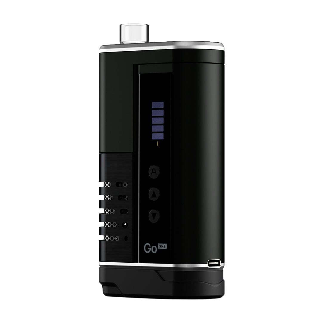 Three-quarter front view of the black Arizer Go SRT Vaporizer showing its vertical LED bars, side vents, and clear glass mouthpiece against a white background.