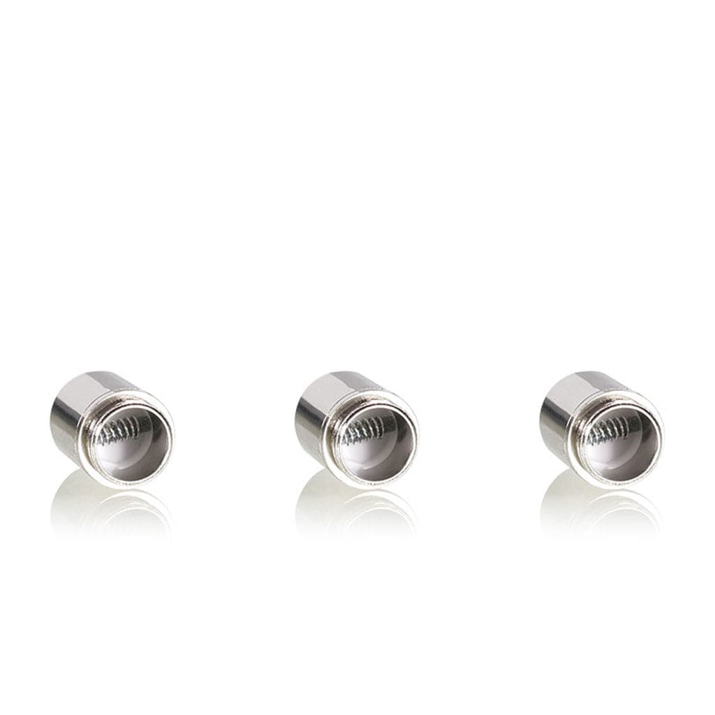 Front-facing studio shot of three silver Ryotâ® 3 Pack Of Extra Coils For 710 Wax Tank - New arranged evenly on a white reflective surface.