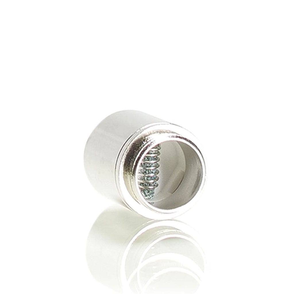 Angled close-up of a single silver Ryotâ® 3 Pack Of Extra Coils For 710 Wax Tank - New coil showing its internal spring and reflective base.