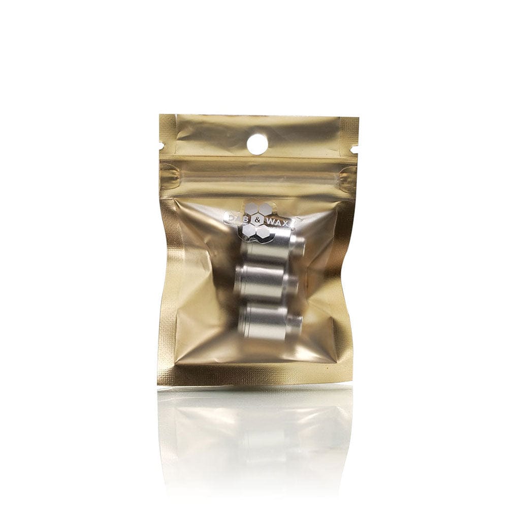 Front-facing shot of a gold foil pouch containing three visible silver coils labeled Ryotâ® 3 Pack Of Extra Coils For 710 Wax Tank - New, shown on a white reflective surface.