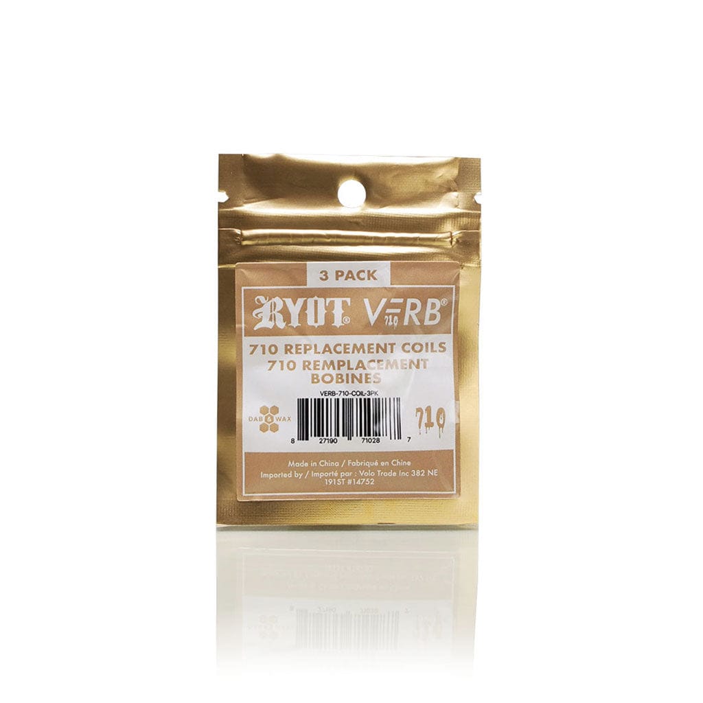 Centered front view of a gold pouch labeled Ryotâ® 3 Pack Of Extra Coils For 710 Wax Tank - New against a white background with a soft reflection below.