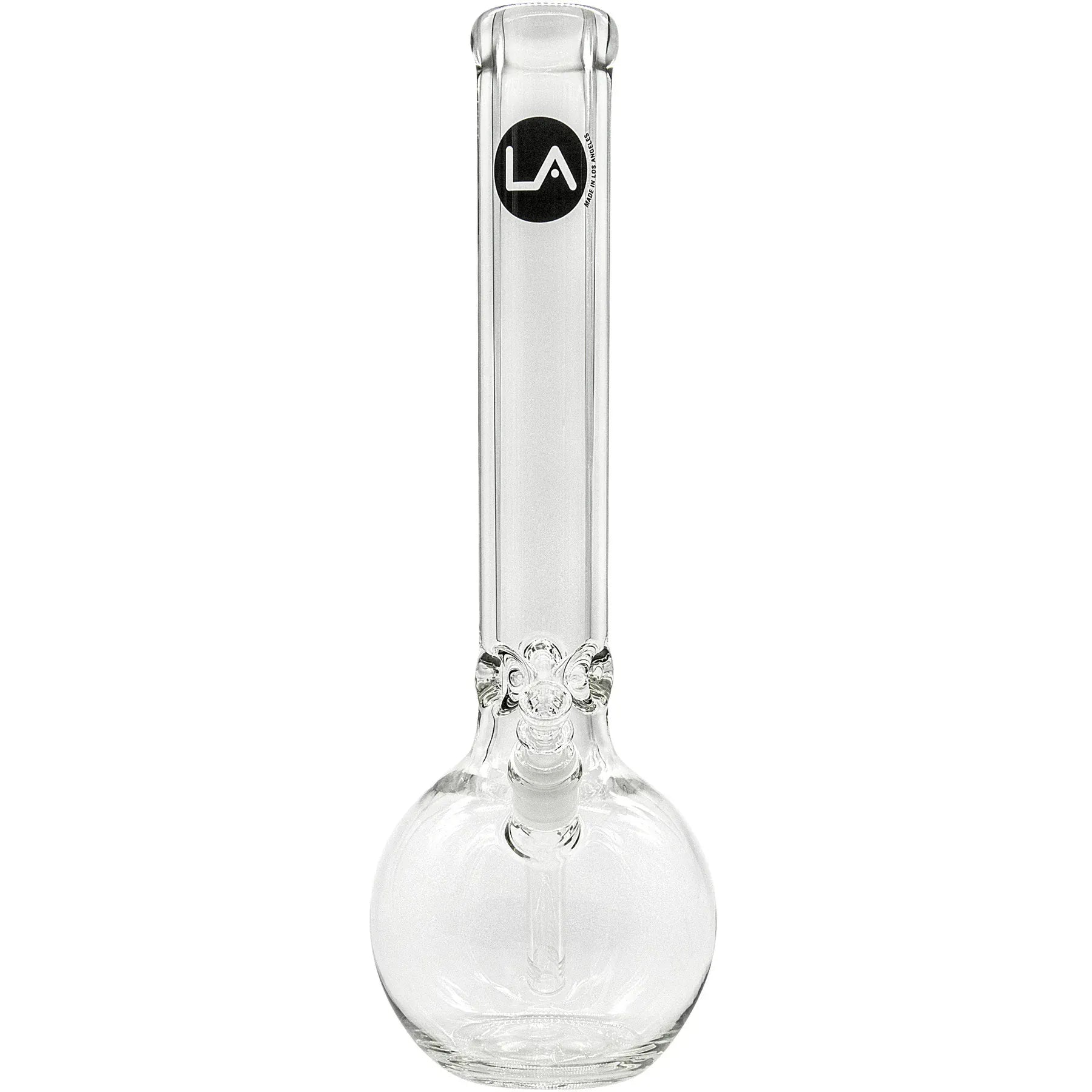 Straight-on view of the clear "Iron Mace" Heavy 9mm Bubble Bong showing its long cylindrical neck, round bubble base, and black LA logo near the top