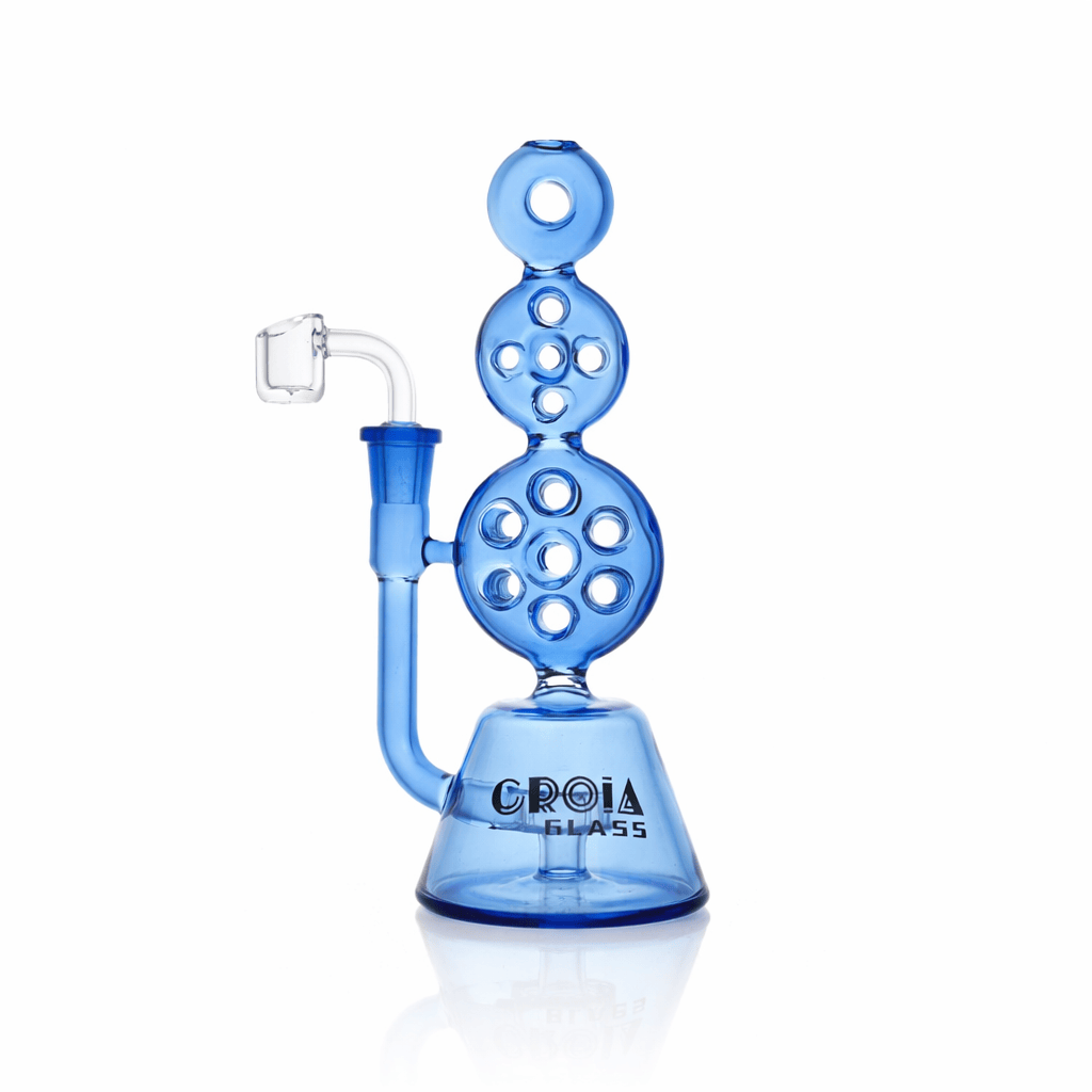 Front view of the Croia Glass 8" Triple Stack Swiss Perc Recycler Dab Rig | Croia Glass in translucent blue, centered on a white background showing stacked circular chambers and a clear banger.