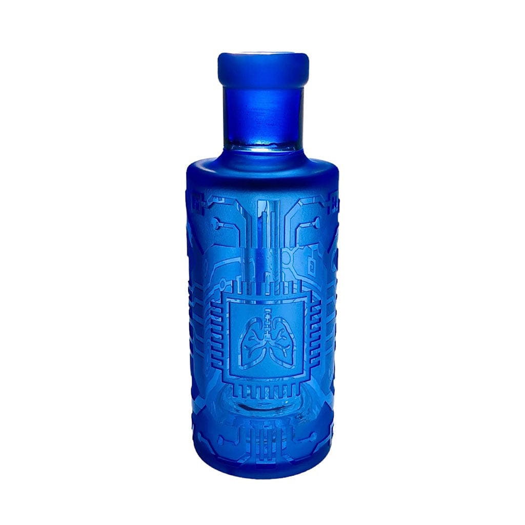 Front view of the blue Milkyway Circuitboard Wet Ash Catcher showing a frosted bottle shape with raised circuit-board patterns and central lung motif.