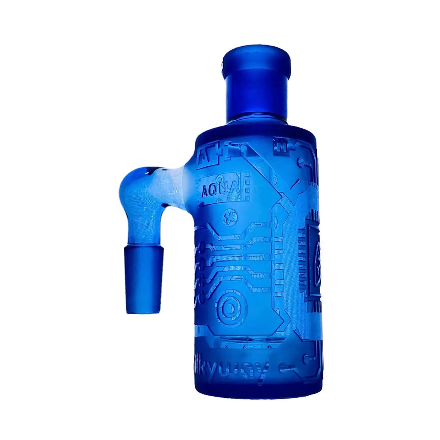 Close-up, slightly angled view of the blue Milkyway Circuitboard Wet Ash Catcher showing its frosted glass finish, circuit-board etching, and downward joint.