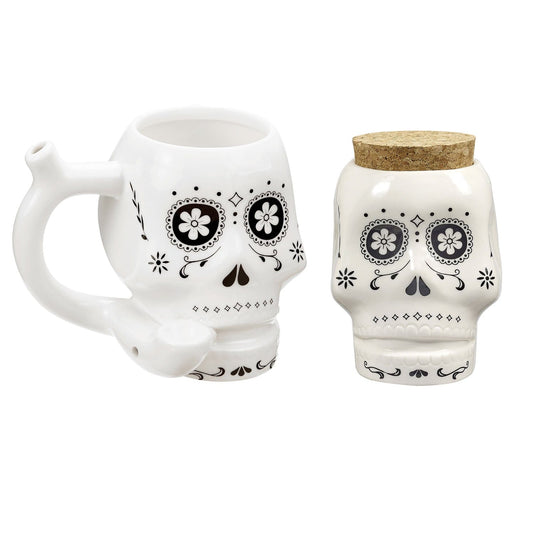 FashionCraft Bundle Set White Sugar Skull Pipe Mug Stash Jar Bundle