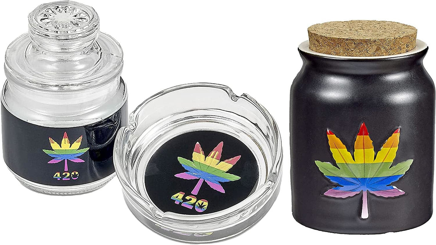 FashionCraft Bundle Set Rainbow Leaf Ashtray and Stash Jar set